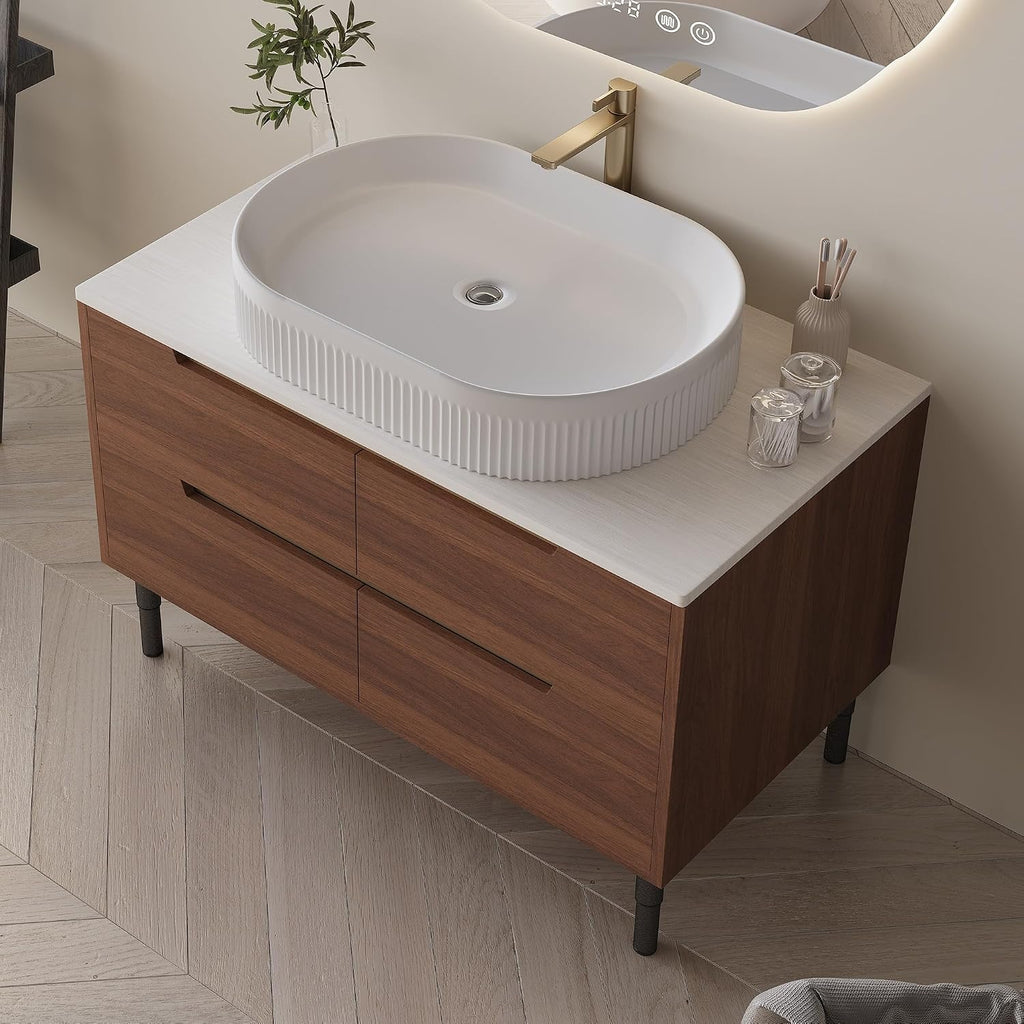 36' Bathroom Vanity with Above Oval Sink Set, Modern Walnut 2-in-1 Wall Mounted & Freestanding Bathroom Vanity Cabinet with Sintered Stone top&4 Storage Drawers, Bathroom Single Sink Cabinet