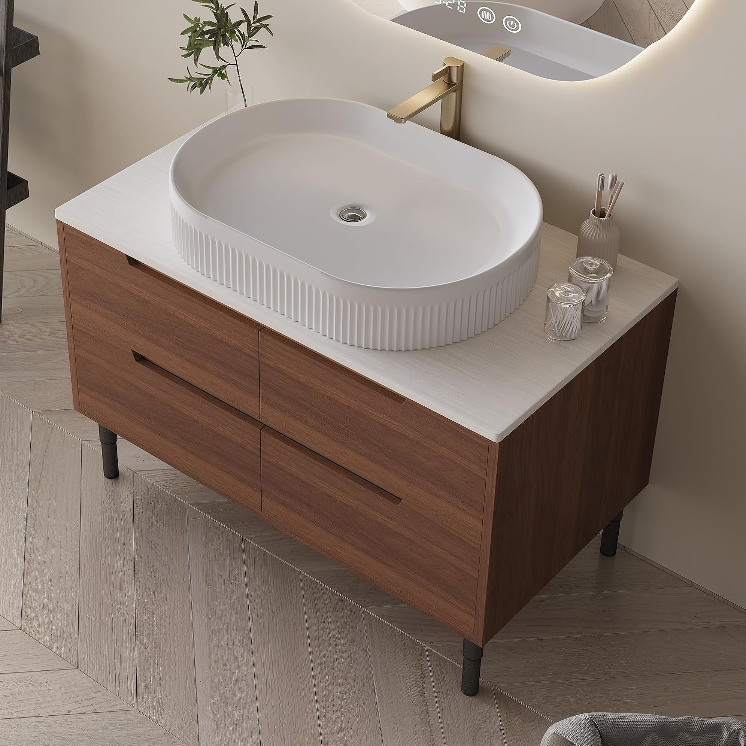 36' Bathroom Vanity with Above Oval Sink Set, Modern Walnut 2-in-1 Wall Mounted & Freestanding Bathroom Vanity Cabinet with Sintered Stone top&4 Storage Drawers, Bathroom Single Sink Cabinet