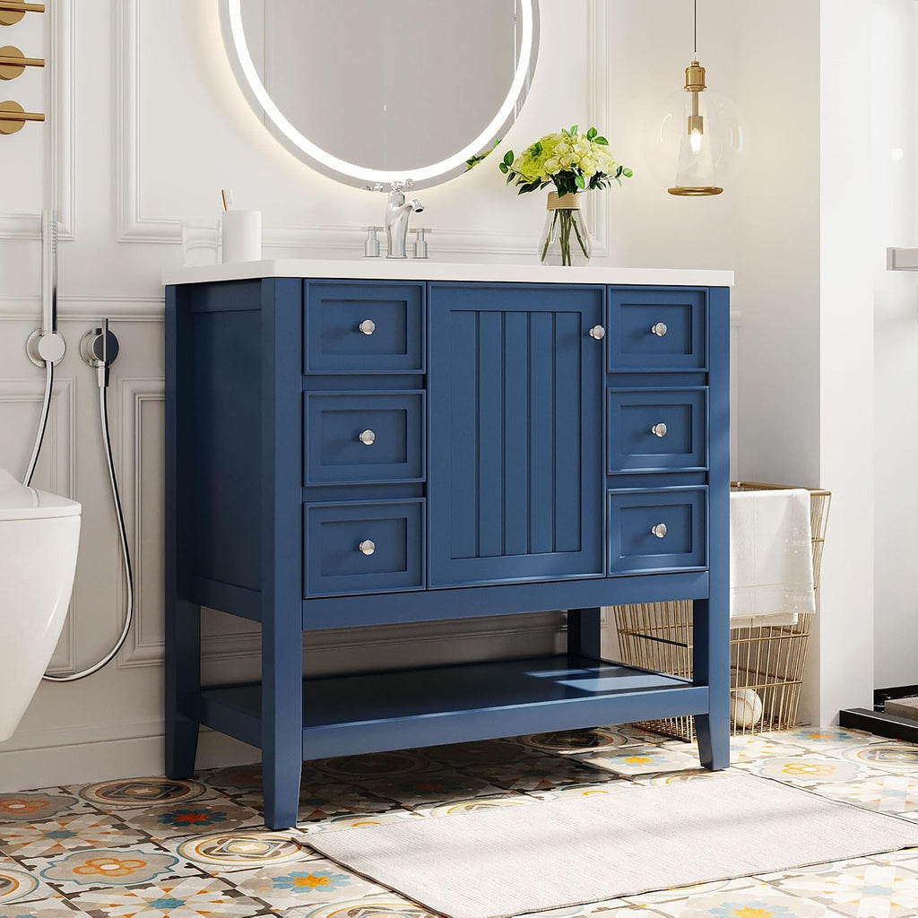 36' Vanity Bathroom Cabinet with Sink Top, Three Multi-Functional Drawers, Open Storage Space, Adjustable Shelf, Blue