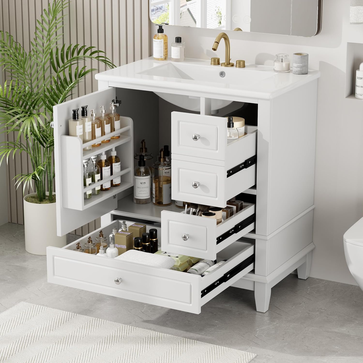 Mirightone 30' Vanity with Sink, Bathroom Vanities 30 Inch with Sink, Single Sink Bathroom Vanity with Door Shelf and Three Drawers, Restroom Vanity with Sink Top (White)