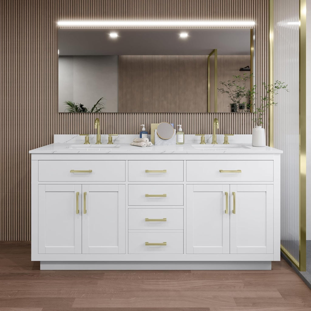 Wyndham Collection Beckett 72 Inch Double Bathroom Vanity with Toe Kick in White, Giotto Quartz Countertop, Undermount Square Sinks (3-Hole), Brushed Gold Trim