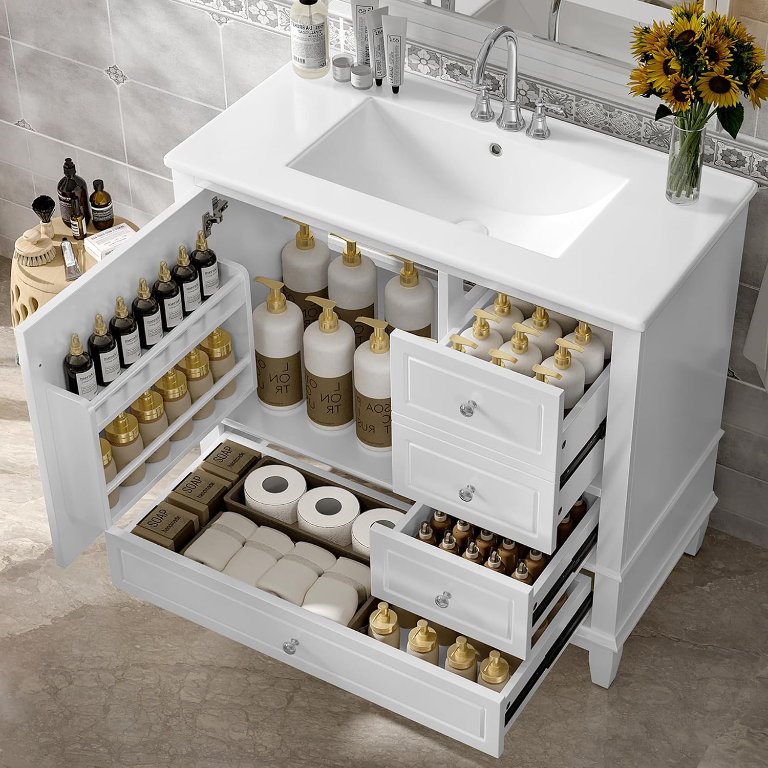 Mirightone 36' Vanity with Sink, Bathroom Vanities 36 Inch with Sink, Single Sink Bathroom Vanity with Door Shelf and Three Drawers, Restroom Vanity with Sink Top (White)