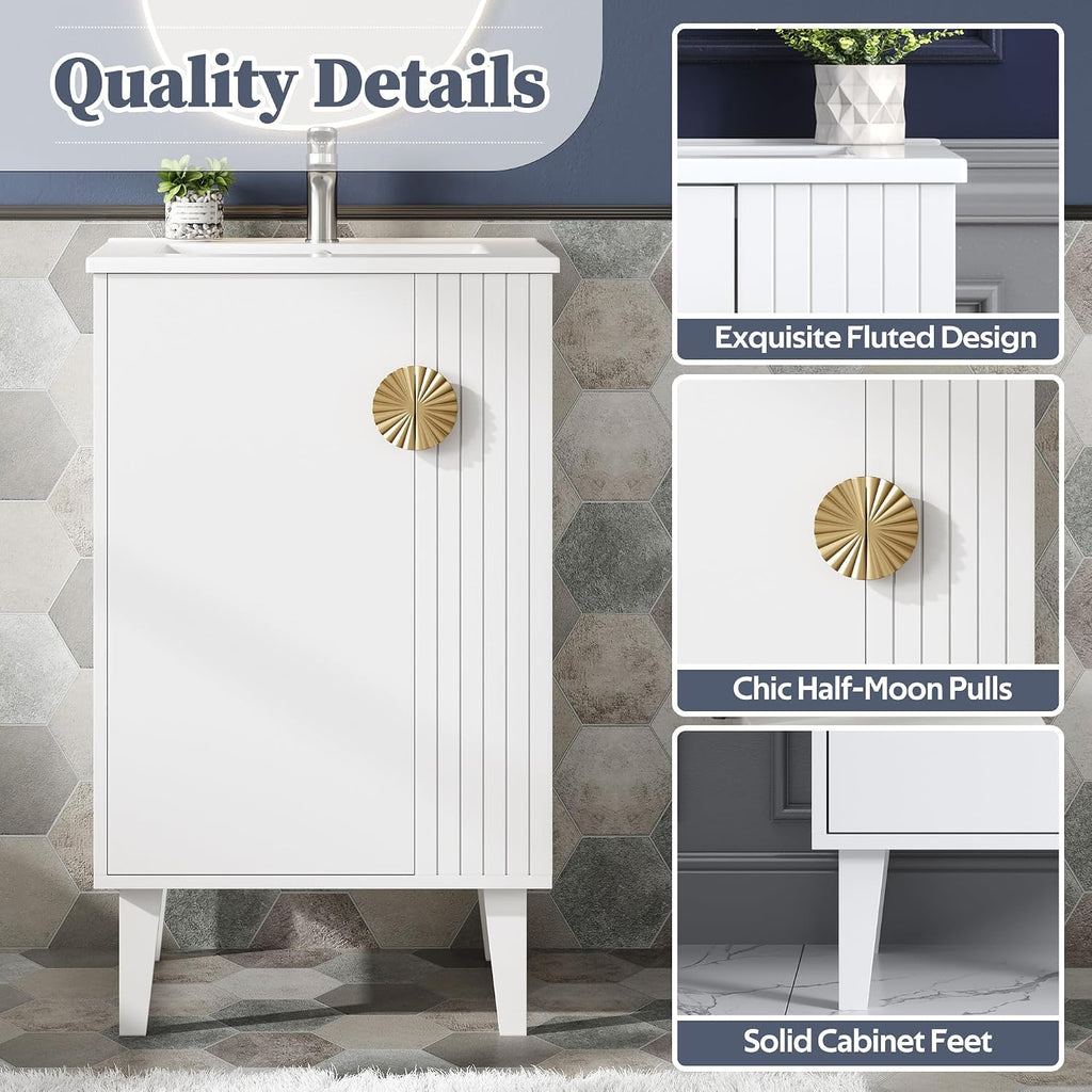 VilroCaz Modern 20'' Bathroom Vanity with Top Ceramic Sink, Freestanding Single Vanity Set Bathroom Storage Cabinet with Soft Closing Door, Chic Half-Moon Pulls (White-10.16)