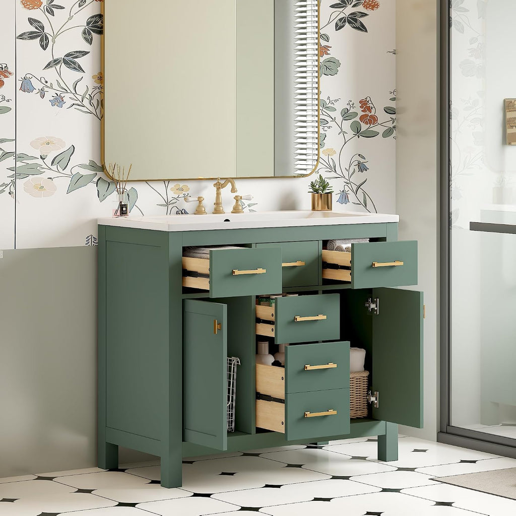 36 Inch Green Bathroon Vanity with Sink,Modern Bathroom Sink Cabinet 36' with 4 Drawers & 2 Cabinets,Integrated Countertop,Gold Handles,Soft Closing,Solid Wood Frame