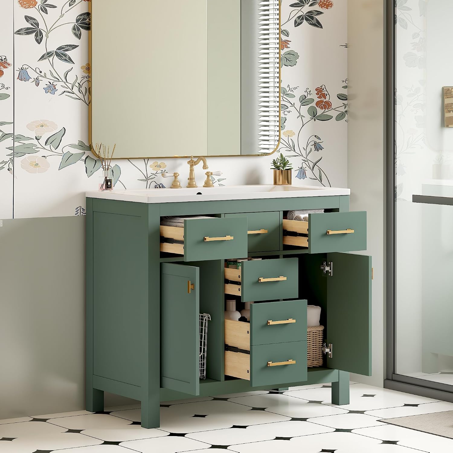 36 Inch Green Bathroon Vanity with Sink,Modern Bathroom Sink Cabinet 36' with 4 Drawers & 2 Cabinets,Integrated Countertop,Gold Handles,Soft Closing,Solid Wood Frame