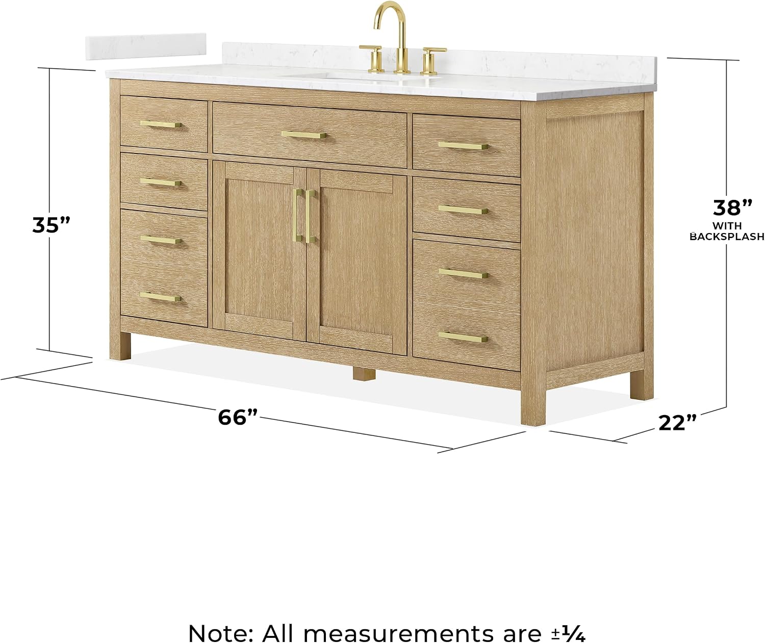 Wyndham Collection Beckett 66 Inch Single Bathroom Vanity in Whitewashed Oak, Carrara Cultured Marble Countertop, Undermount Square Sink (3-Hole), Brushed Gold Trim