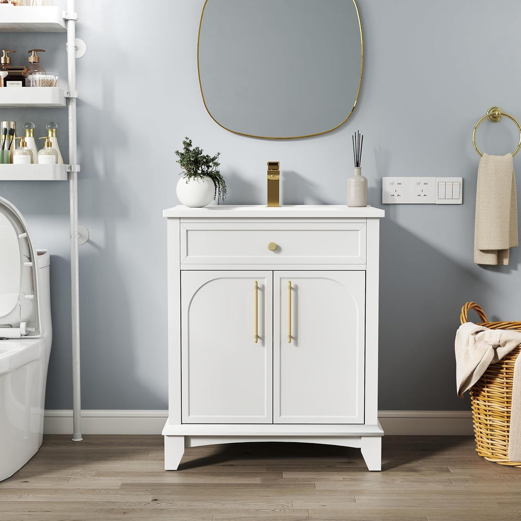 28 inch Bathroom Vanity with Sink Combo, Mid Century Modern Freestanding Bathroom Cabinet with Integrated Ceramic Sink, 2 Soft Closed Doors, Adjustable Shelves, Golden Handle, White