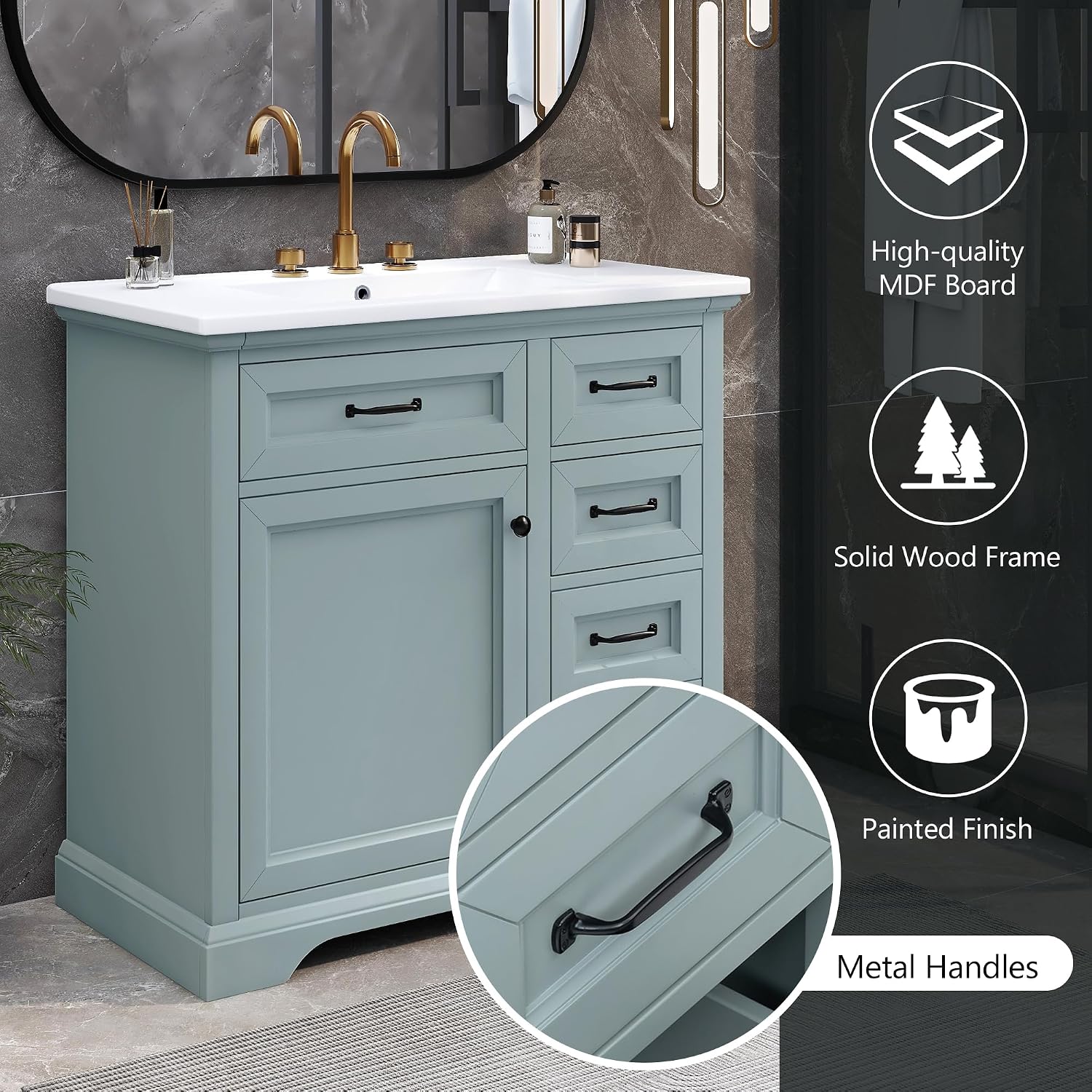 36' Bathroom Vanities with Ceramic Sink Set, Tip-Out Drawers, Storage Cabinet with Door Shelf, Soft-Closing Doors, Grey