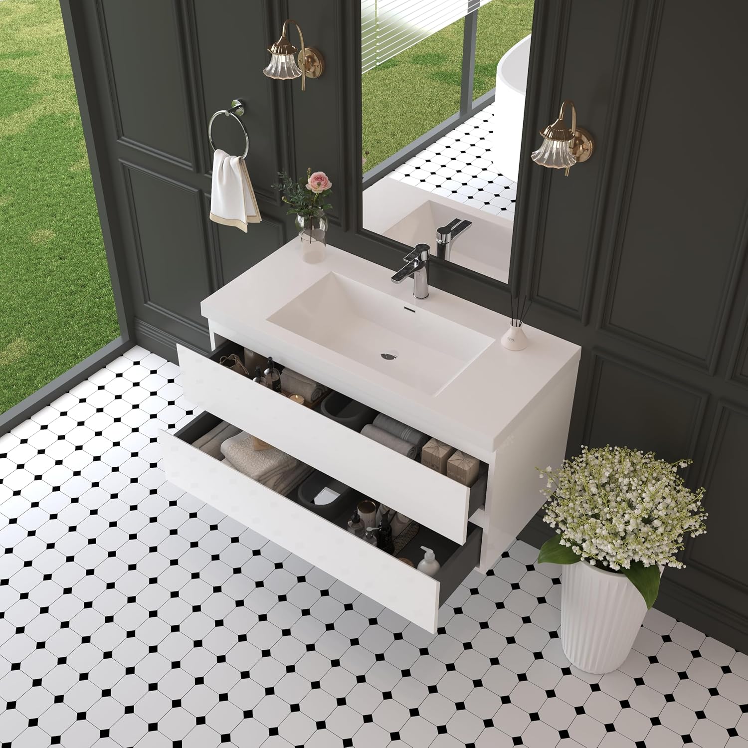 42' Floating Bathroom Vanity with Sink, Wall Mounted Bathroom Cabinet with Solid Surface Top and Soft Close Drawers, Glossy White (No Assembly Required)