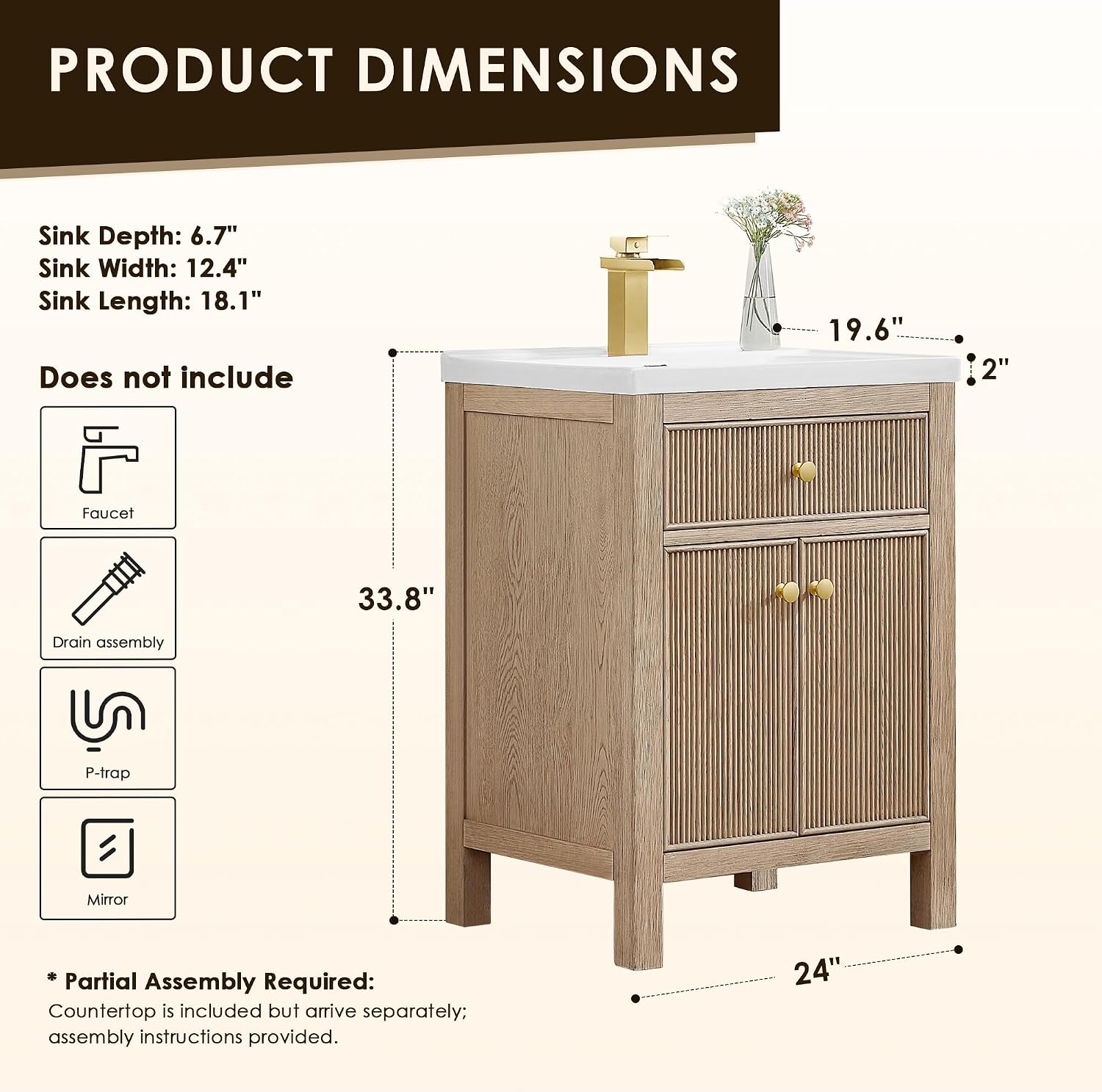 ALTAIR 24 Inch Vanity Bathroom Small Sink Vanities Single Bath Large Storge Cabinet with Ceramic Sinks Countertop Soft Closing Doors and Dovetail Drawers Modern Pre-Assembled