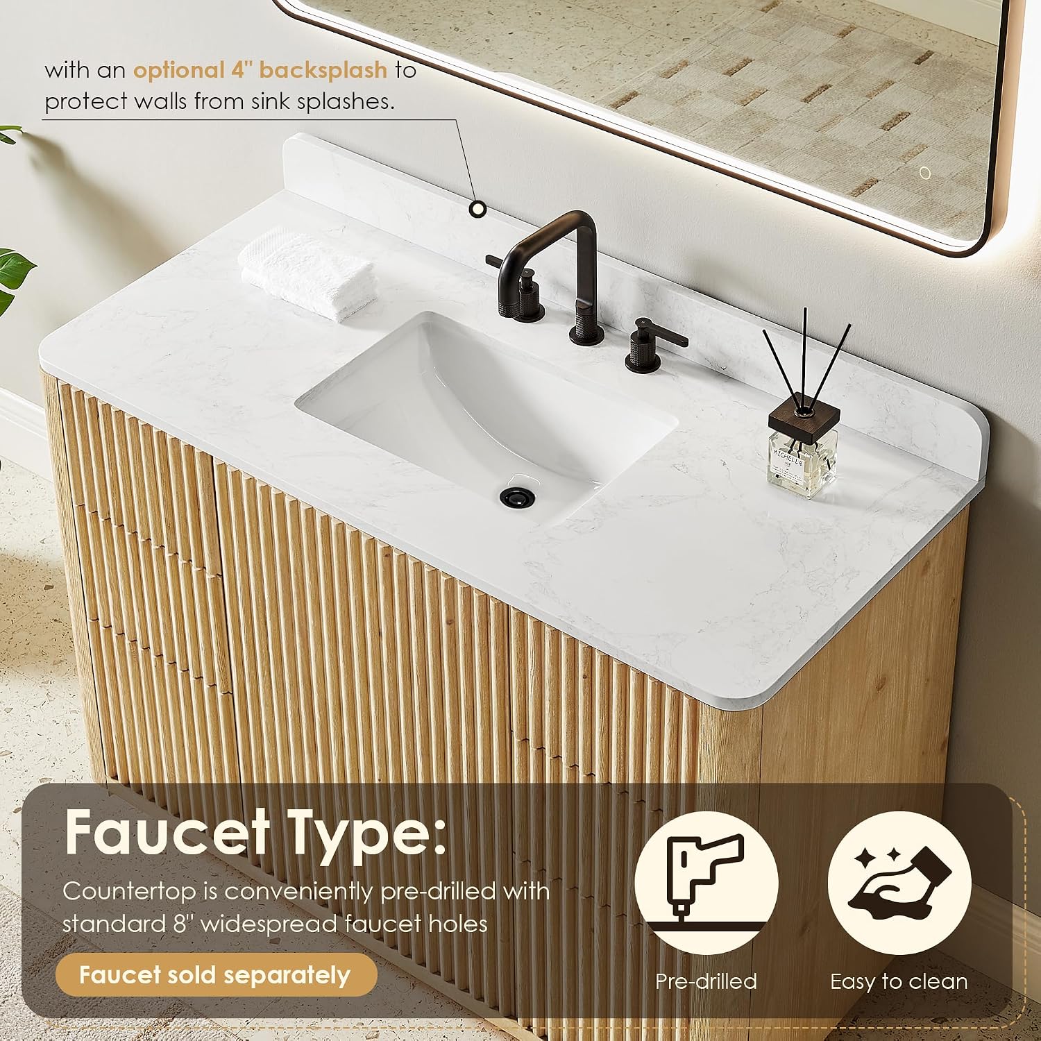 ALTAIR 48 Inch Bathroom Vanity with Sink Mordern Pedestal Single Vanities Light Brown Large Storge Cabinet with Backsplash Ceramic Countertop Pre-Assembled Bath Fixtures Farmhouse