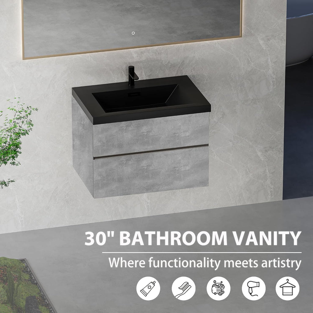 30' Floating Bathroom Vanity with Sink, Modern Wall-Mounted Bathroom Storage Vanity Cabinet with Black Quartz Sand Top Basin and Soft Close Drawers