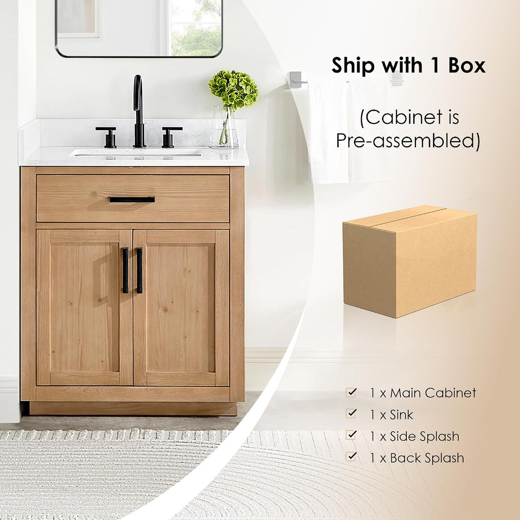 ALTAIR 30 Inch Vanity Bathroom Small Single Sink Vanities with Ceramic Countertop Pre-Assembled Sidesplash and Backsplash Included Light Brown