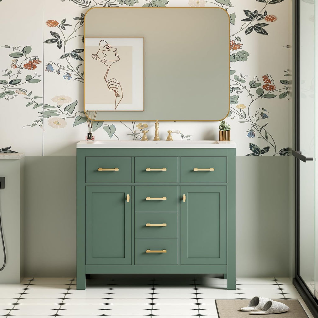 36 Inch Green Bathroon Vanity with Sink,Modern Bathroom Sink Cabinet 36' with 4 Drawers & 2 Cabinets,Integrated Countertop,Gold Handles,Soft Closing,Solid Wood Frame