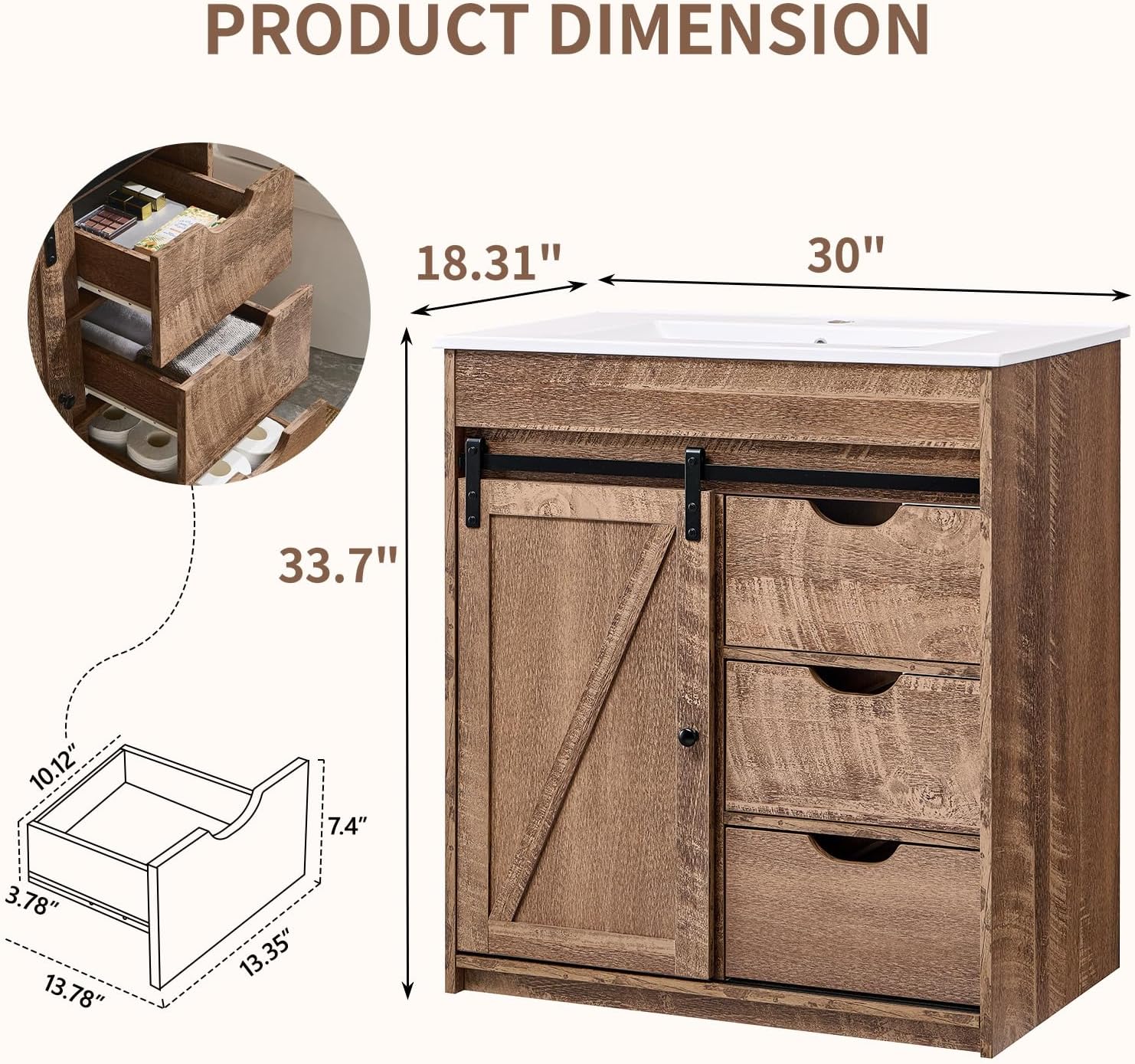 Aitjunz 30' Farmhouse Bathroom Vanity with Ceramic Sink Combo, Freestanding Modern Bathroom Storage Vanity Cabinet w/Sliding Barn Door, 3 Drawers & Adjustable Shelves, Light Brown