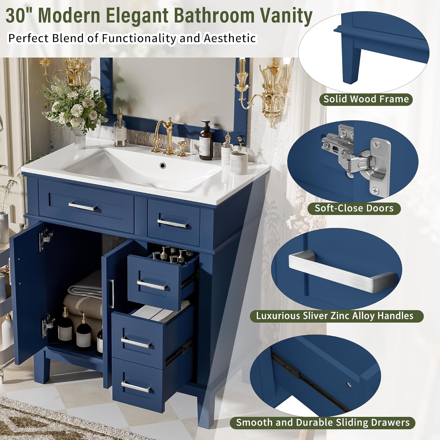 Harper & Bright Designs 30' Bathroom Vanity with Sink, Free Standing Single Basin Vanity Set with 2 Drawers, and Soft-Close Doors, Wood Bathroom Cabinet with Ceramic Basin for Bathroom, Blue