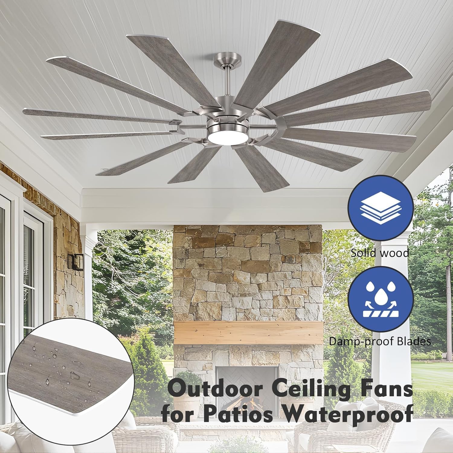 62 Inch Outdoor Ceiling Fan with Light Remote, Modern Large Ceiling Fan with Light, Large Airflow Industrial DC Cieling Fan with 12 Blade, Damp-Rated Outdoor Ceiling Fans for Patios Porch Farmhouse