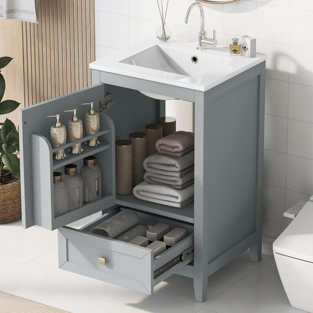 Harper & Bright Designs 20' Bathroom Vanity with Sink, Free Standing Single Vanity Set with One Drawer, and Door Storage Shelf, Solid Wood Storage Cabinet with Ceramic Basin for Bathroom, Grey