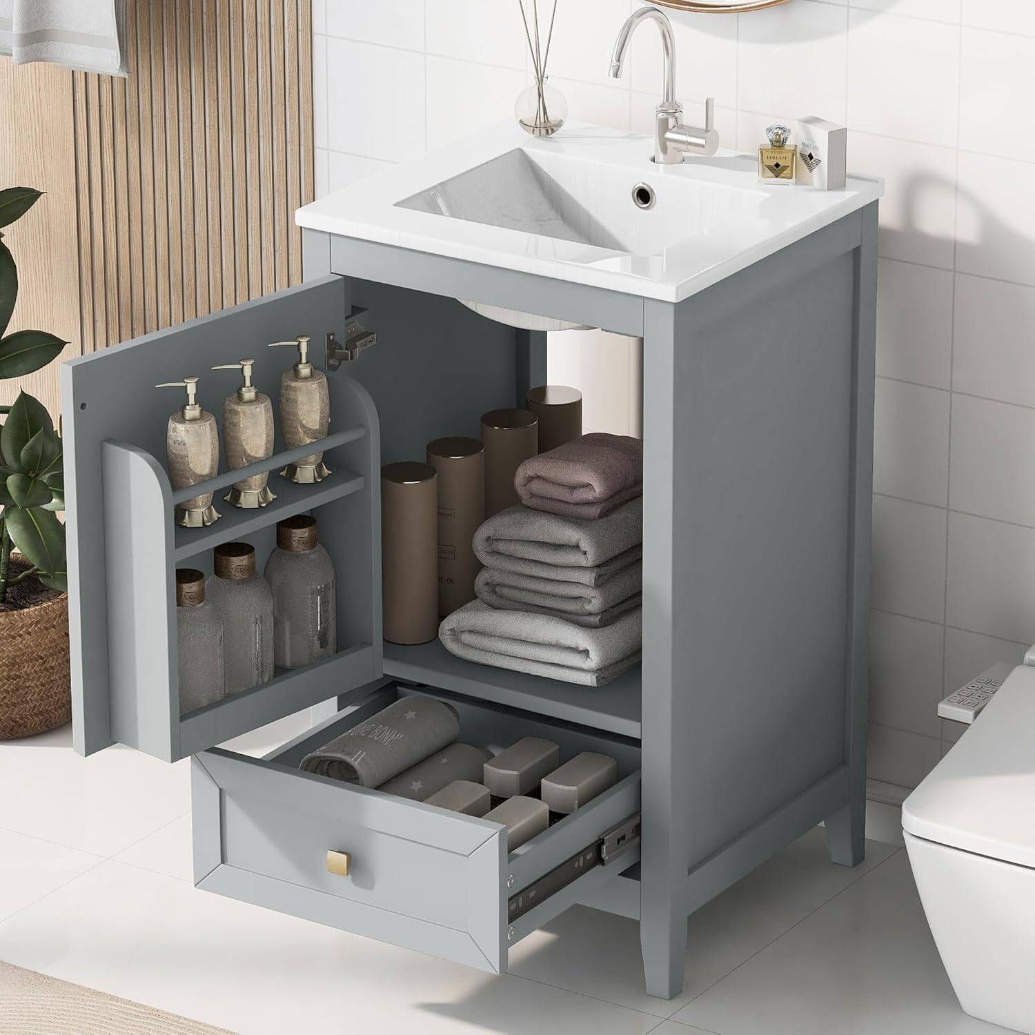 Harper & Bright Designs 20' Bathroom Vanity with Sink, Free Standing Single Vanity Set with One Drawer, and Door Storage Shelf, Solid Wood Storage Cabinet with Ceramic Basin for Bathroom, Grey
