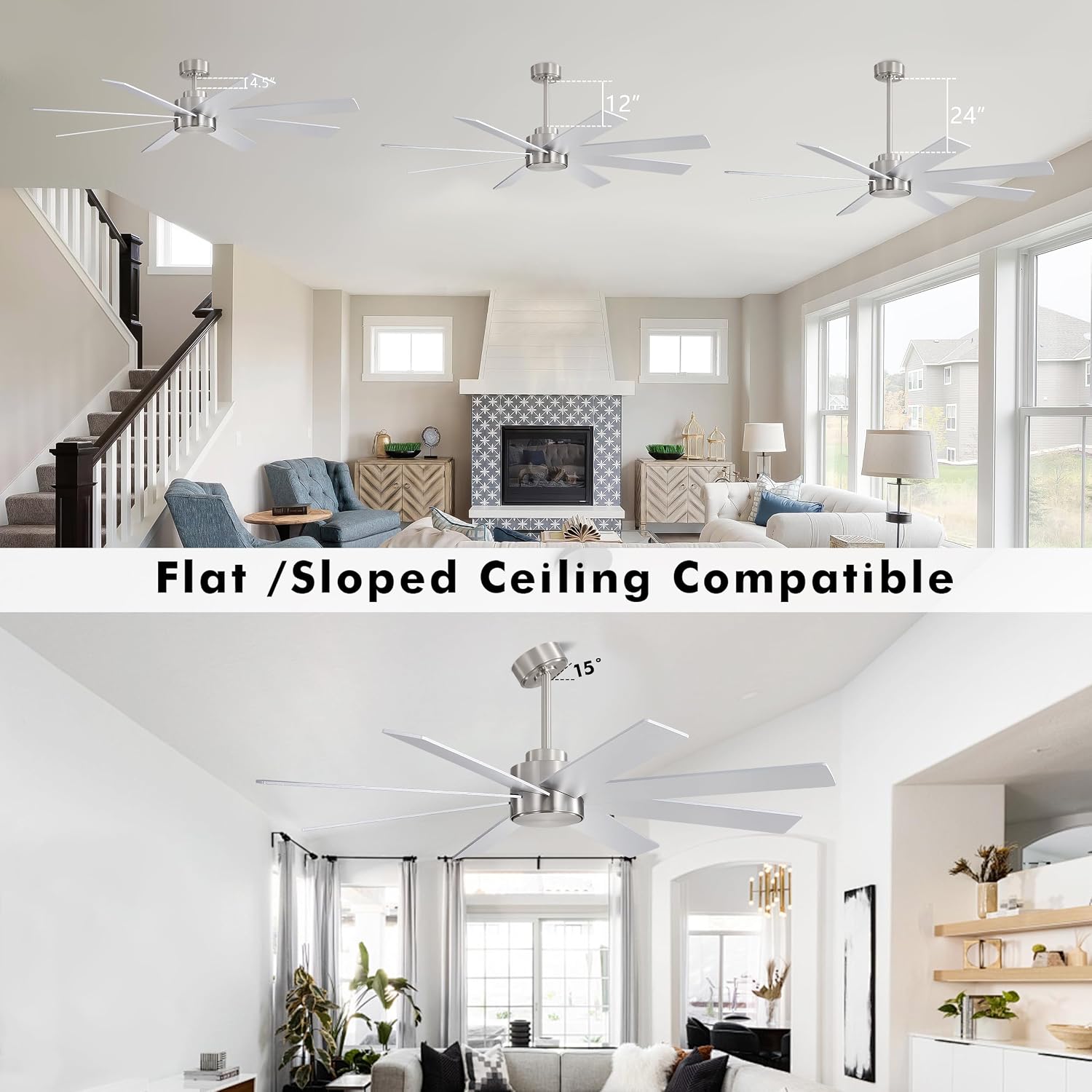 WINGBO 72' Large DC Ceiling Fans without Lights, 3 Downrods, 8 Plywood Blades, 6-Speeds Reversible DC Motor, Indoor Ceiling Fan No Lights for Bedroom Living Room Patio, Brushed Nickel and Silver