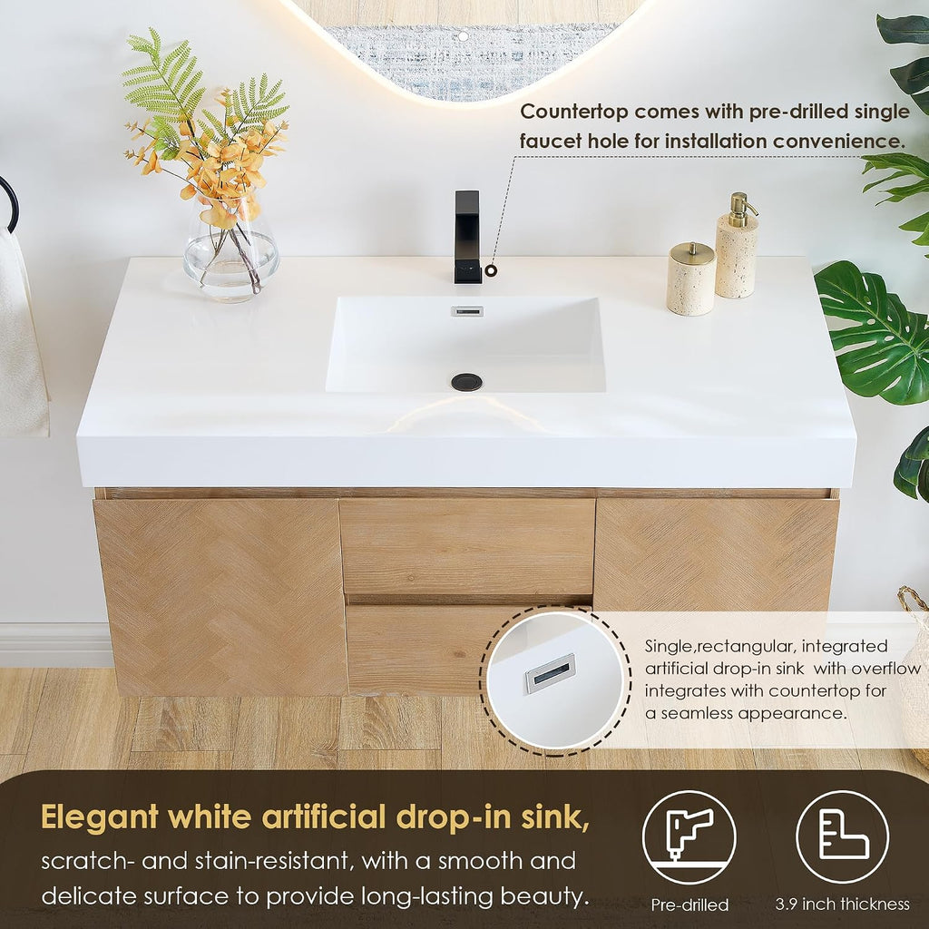 48 Inch Floating Sink Bathroom Vanity Wall Mount Single Vanities Overflow Mordern Large Storge Cabinet with Ceramic Countertop Double Soft Closing Drawers Pre-Assembled