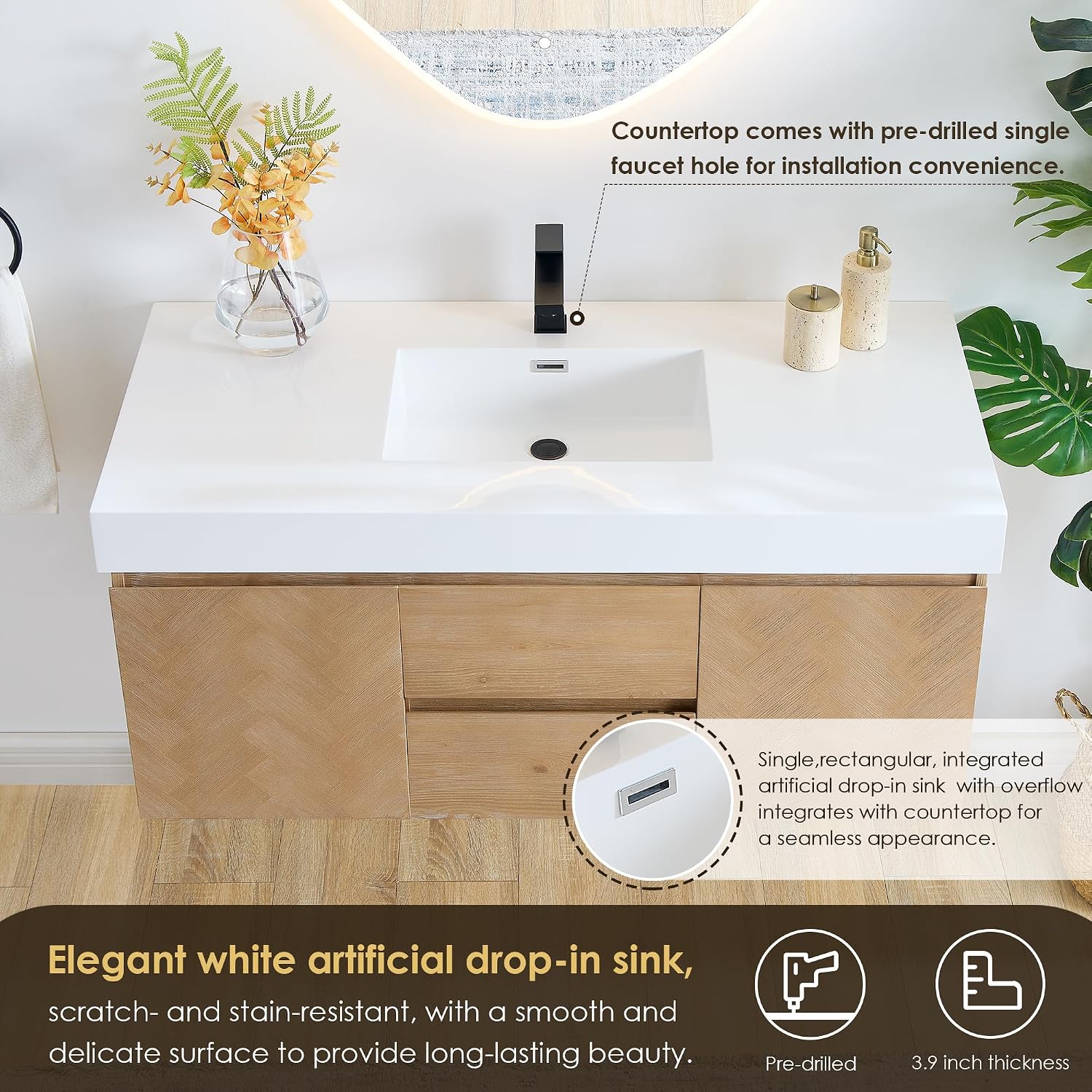 48 Inch Floating Sink Bathroom Vanity Wall Mount Single Vanities Overflow Mordern Large Storge Cabinet with Ceramic Countertop Double Soft Closing Drawers Pre-Assembled