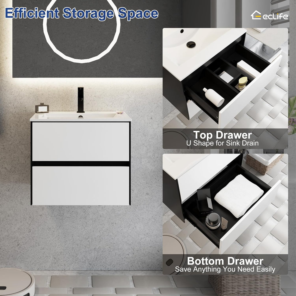 eclife 24' Bathroom Vanity Cabinet with Undermount White Sink Combo, Wall Mounted Floating Bathroom Cabinet with Colors Mixed Style, 2 Big Drawers & Matte Black Faucet