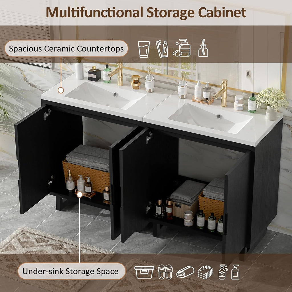 Harper & Bright Designs 60' Bathroom Vanity Set with Double Sink, Free Standing Single Basin Vanity Set with 2 Soft-Close Doors, Vintage Style Storage Cabinet with Resin Basin for Bathroom, Black