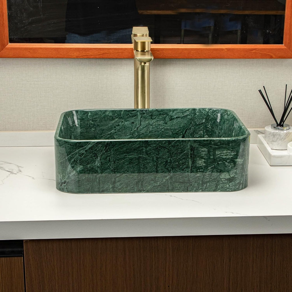 Green Square Stone Sink, Bathroom Vessel Sink, made of natural marble with irregular green veining, creates a luxurious and sophisticated bathroom vanity or countertop.