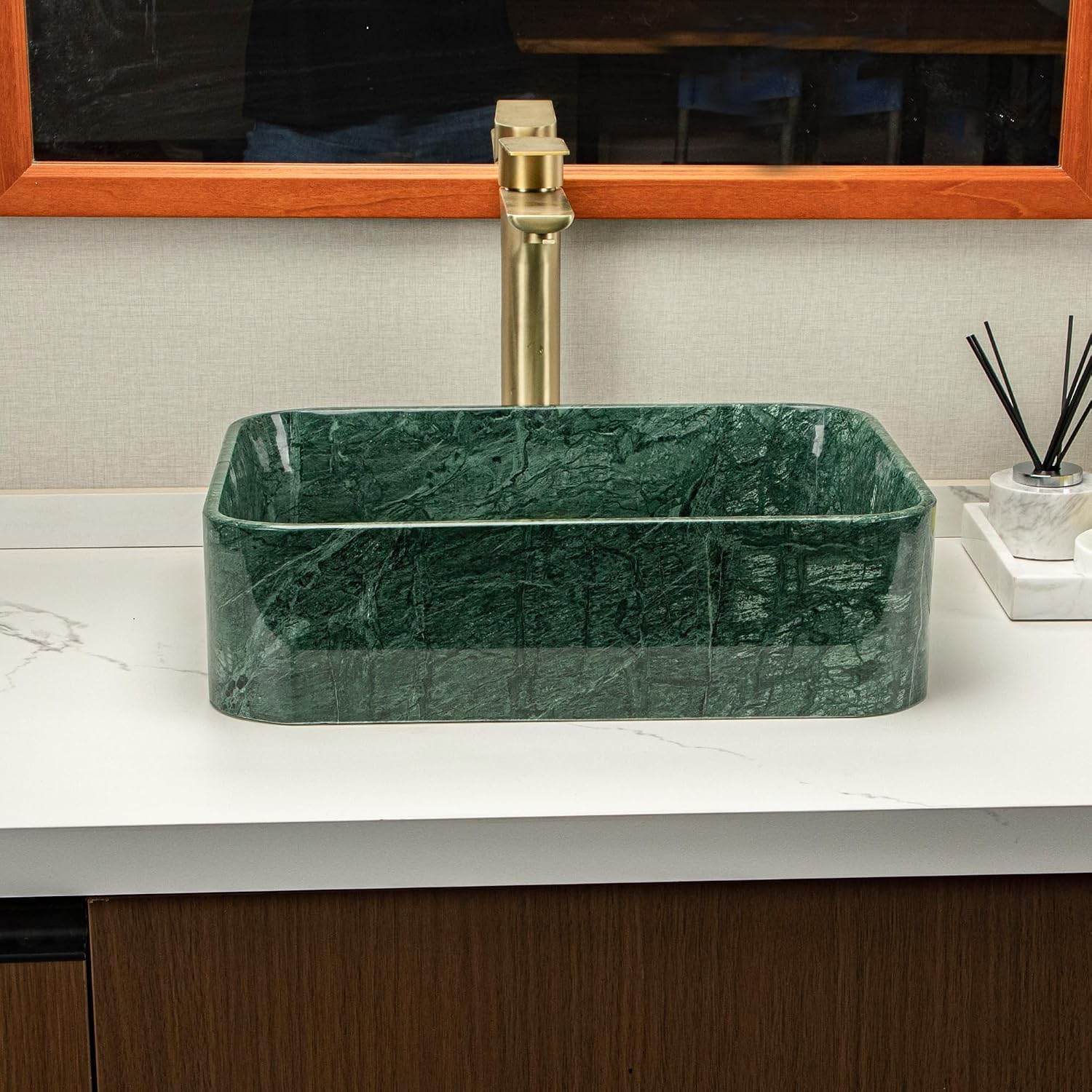 Green Square Stone Sink, Bathroom Vessel Sink, made of natural marble with irregular green veining, creates a luxurious and sophisticated bathroom vanity or countertop.