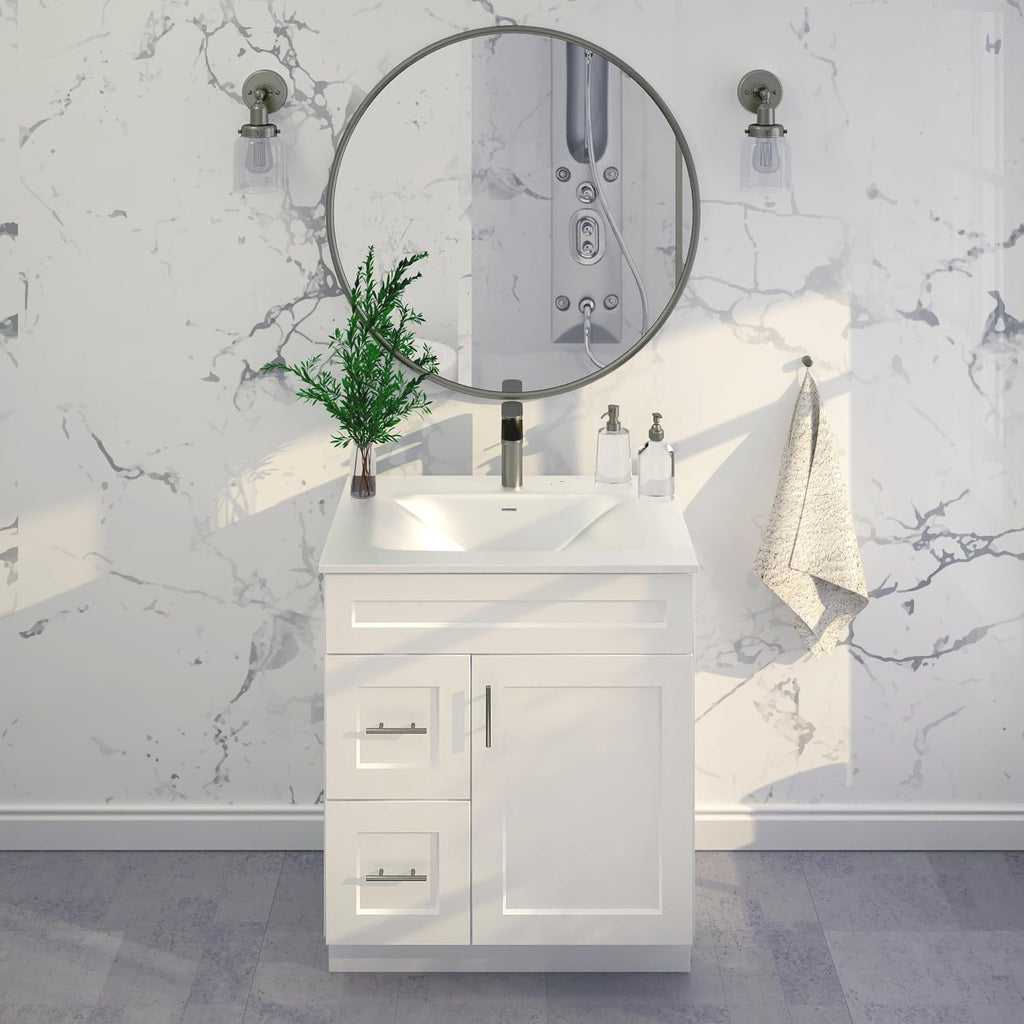 30' Shaker Bathroom Vanity Sink Base with Drawers (Ready-to-Assemble) (Vanity Base in White Shaker)