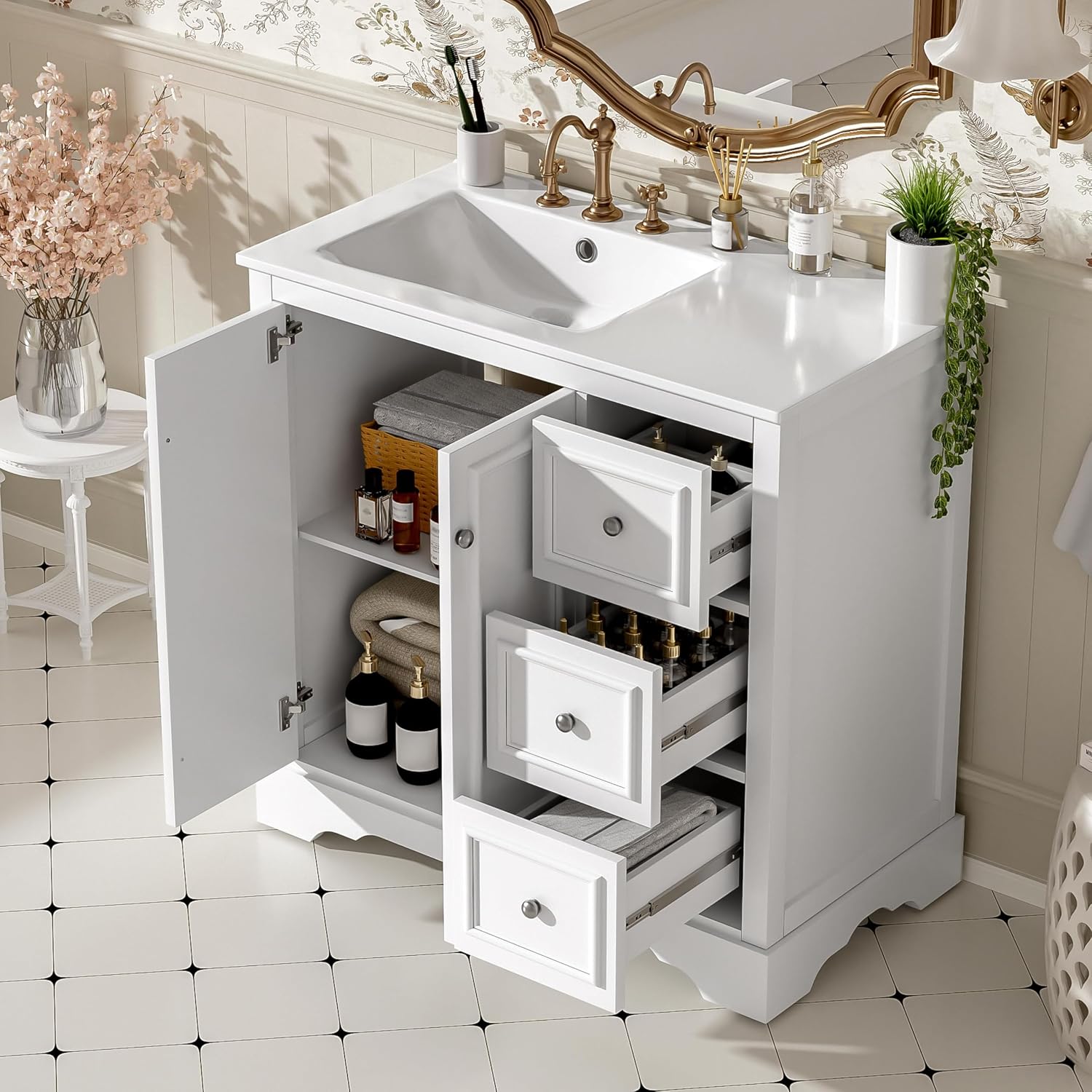 36 Inch Bathroom Vanity with Sink Set Combo Freestanding Cabinet Ceramic Top Freestanding Left Offset Basin 2 Soft Close Doors 3 Drawers White