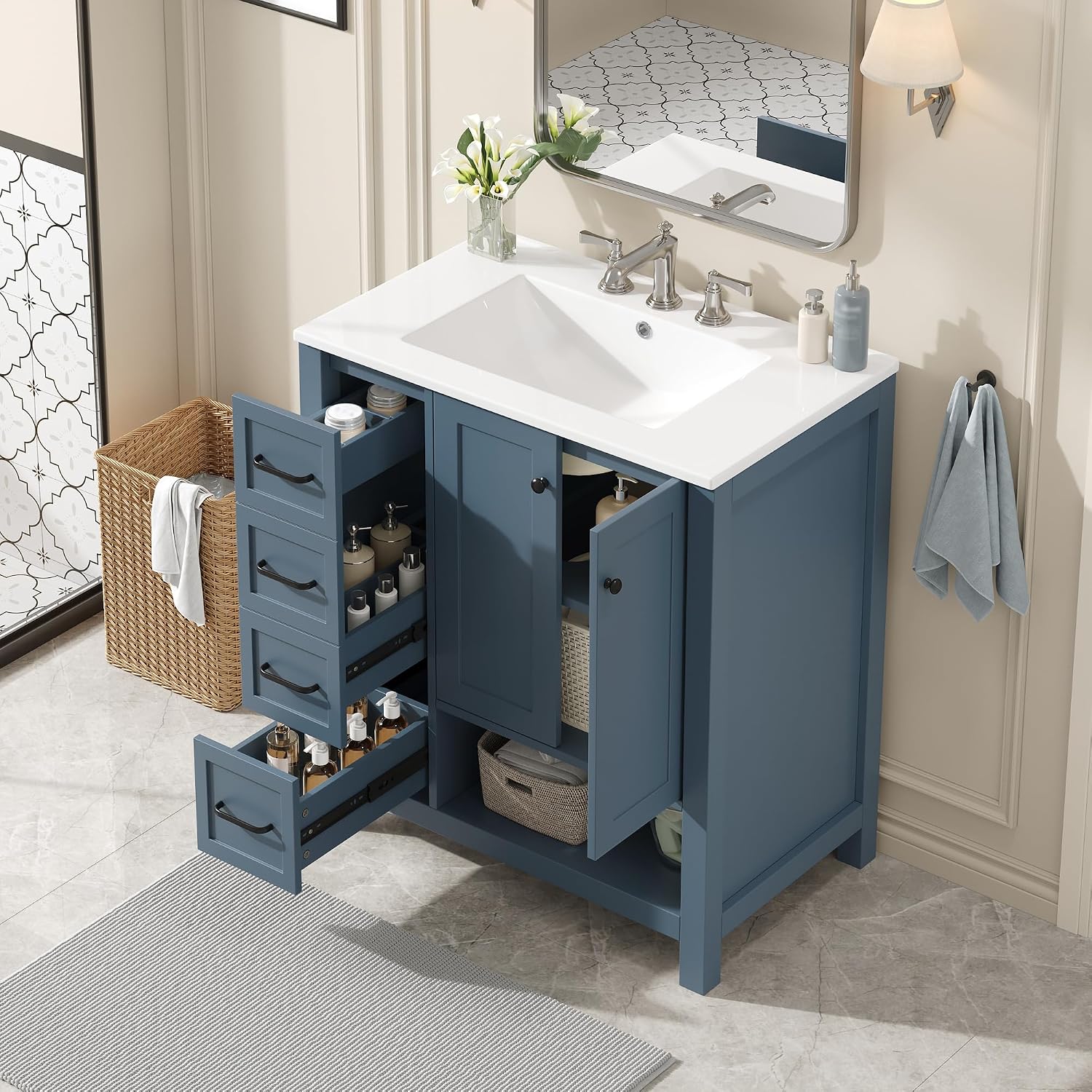 LUMISOL 30 Inch Bathroom Vanity with Ceramic Sink, Solid Wood Bathroom Vanity with 2 Drawers, Soft-Close Doors & Open Shelf, Freestanding Bathroom Storage Cabinet with Sink, Blue