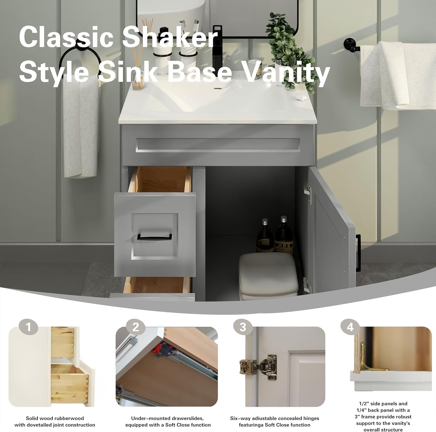 30' Shaker Bathroom Vanity Sink Base with Drawers (Ready-to-Assemble) (Light Grey Shaker Vanity Base)
