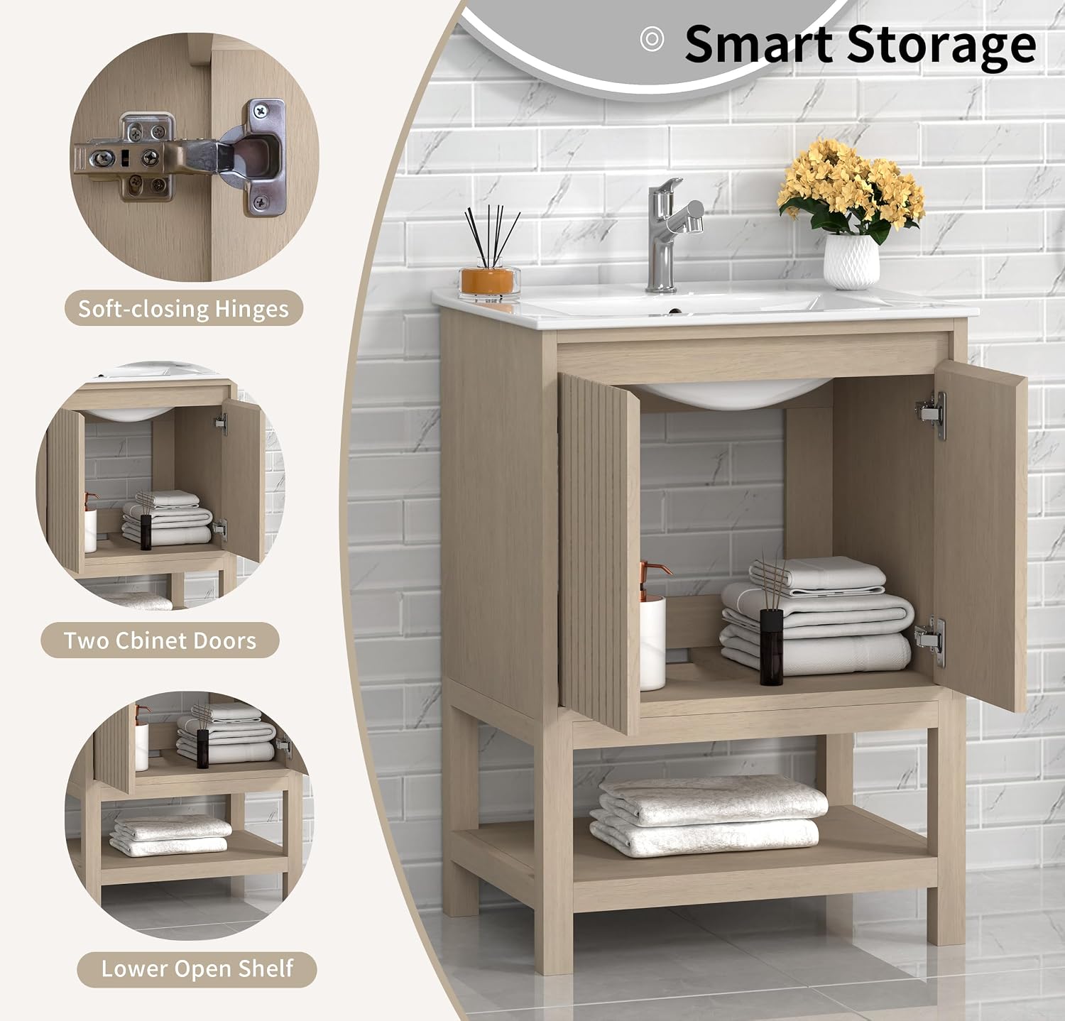 TILE & TOP Bathroom Vanity Set with Top, Sink and Backsplash, Solid Wood, Soft-Close Drawers, 1 Open Shelf, Adjustable Feet, Customer Support. (Coastal Oak, 24' Freestanding)