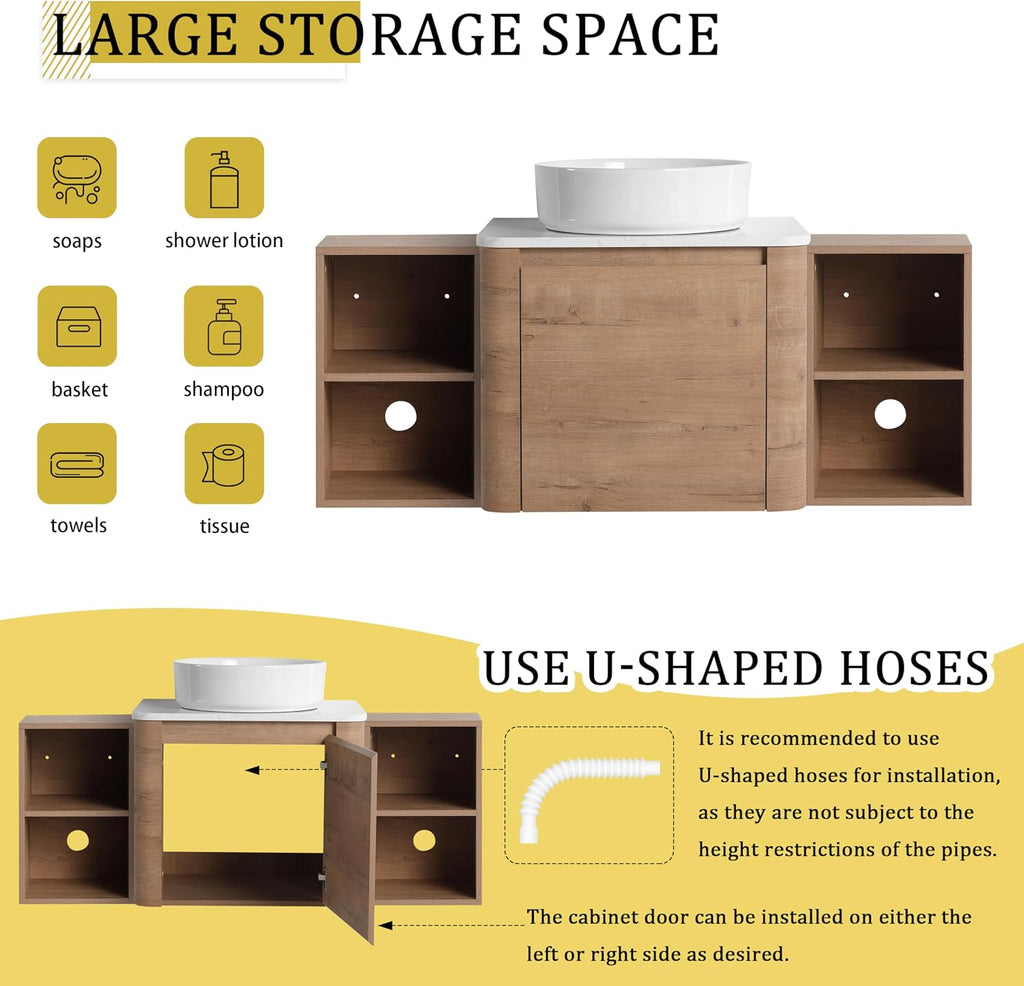 48 Inch Wall-Mounted Bathroom Vanity with Sink Combo Modern Floating Bathroom Vanitites with Round Ceramic Vessel Sink 48' Bathroom Sink Cabinet with Marble Counter Top & 2 Side Storage Shelves