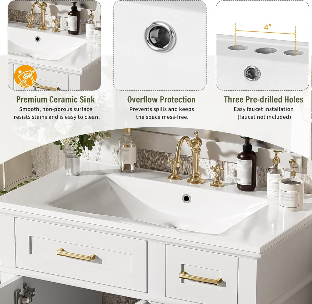 Harper & Bright Designs 30' Bathroom Vanity with Sink, Free Standing Single Basin Vanity Set with 2 Drawers, and Soft-Close Doors, Wood Bathroom Cabinet with Ceramic Basin for Bathroom, White