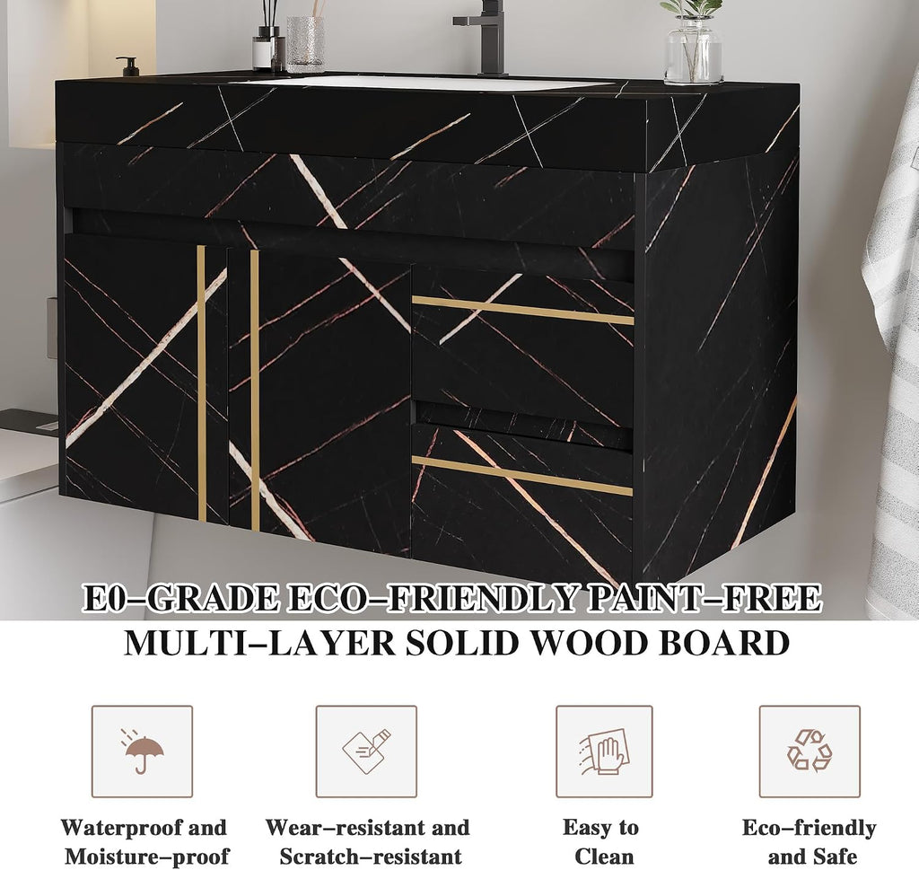 36' Bathroom Vanity with Sink Set, Modern Black Wall Mounted Bathroom Vanity Cabinet with Faux Marble Countertop,Gold Handle 2 Drawers & 1 Cabinet, Single Sink Floating Bathroom Vanity