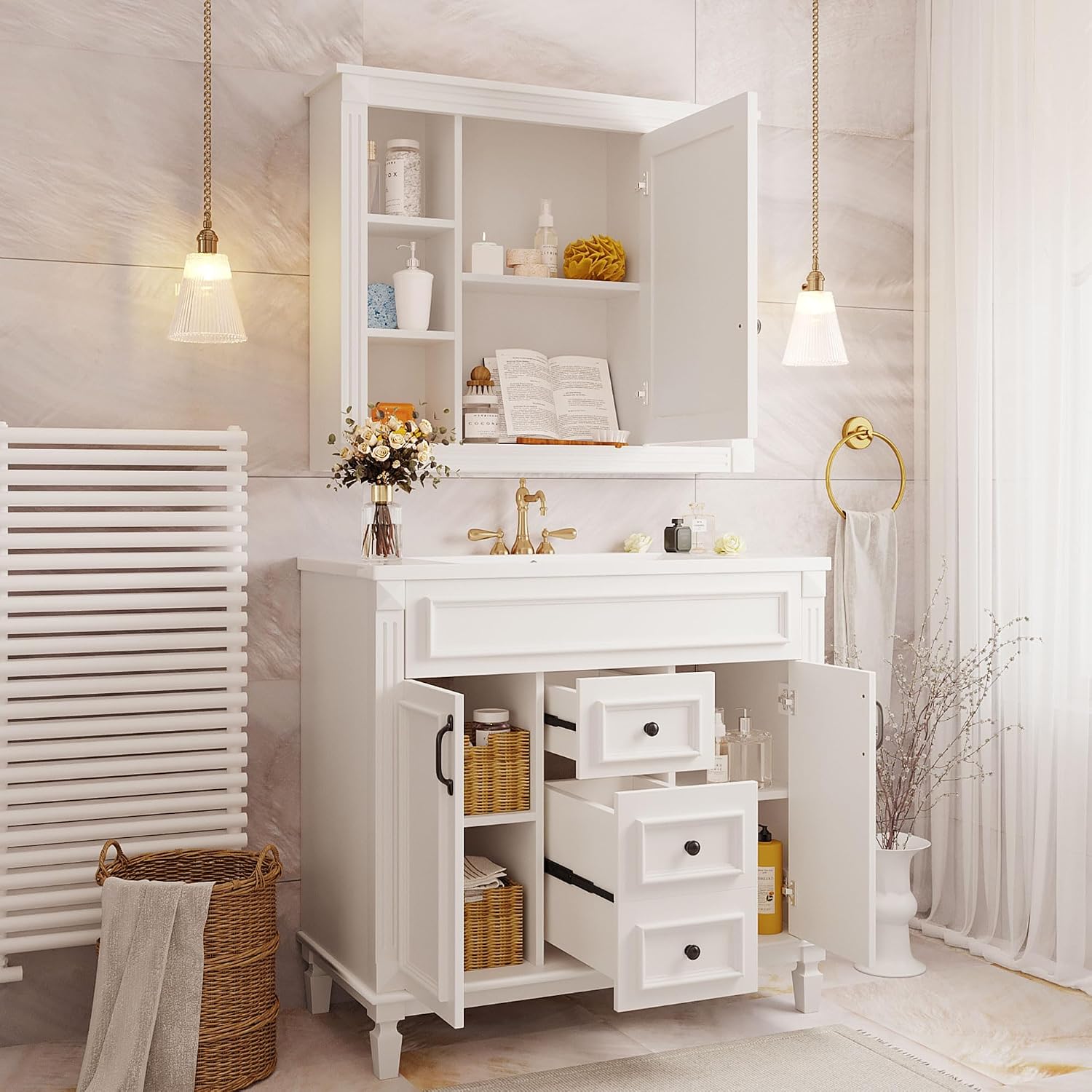Merax 36' Bathroom Vanities with Matching Medicine Cabinet & Single Sink, Modern Undermount Bathroom Sink Cabinet with 3 Closing Doors & 2 Full Extension Dovetail Drawers