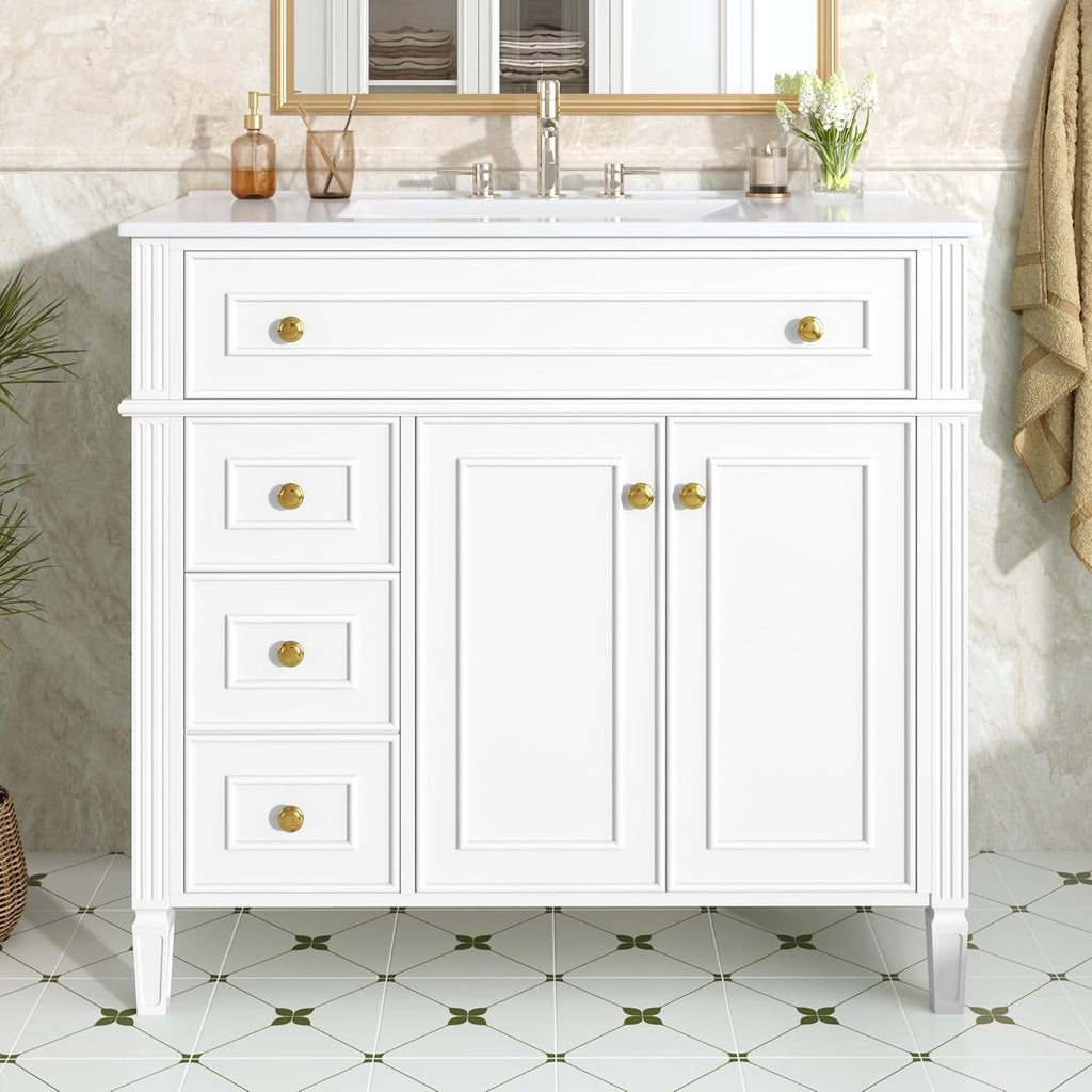 36' Bathroom Vanity Cabinet with Ceramic Countertop Sink Combo Set, Solid Wood Frame, Tilt-Out Drawers and Left Side Drawers, Soft Closing Door Hinges, Farmhouse Style, White