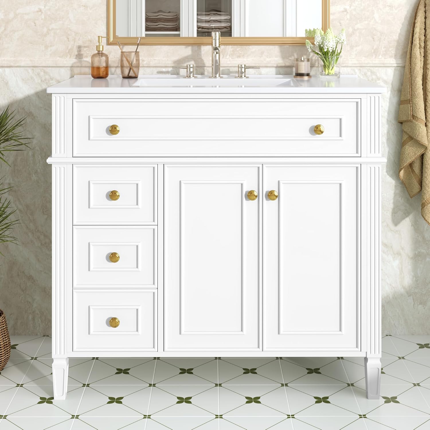 36' Bathroom Vanity Cabinet with Ceramic Countertop Sink Combo Set, Solid Wood Frame, Tilt-Out Drawers and Left Side Drawers, Soft Closing Door Hinges, Farmhouse Style, White