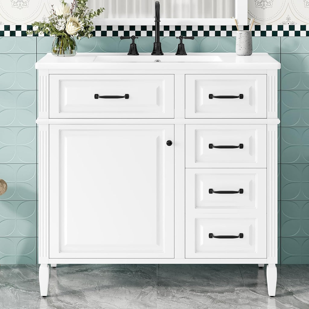 36' Bathroom Vanities Cabinet with Ceramic Sink Top, Tip-Out Drawers and Door Shelf, Soft-Closing Door, Solid Wood Legs, White