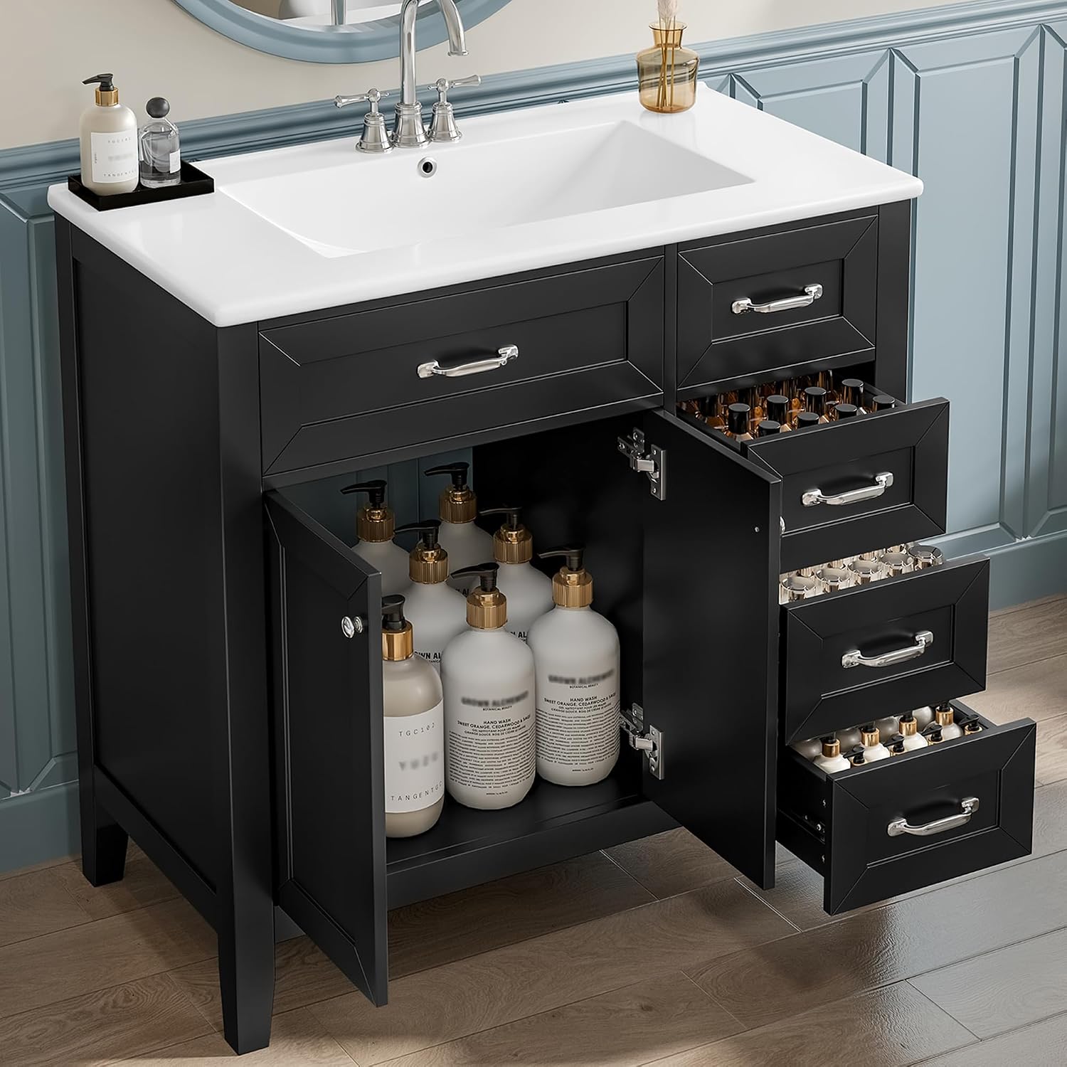 36' Bathroom Vanity with Sink Combo, Bathroom Cabinet with Drawers, Solid Frame and MDF Board,Black