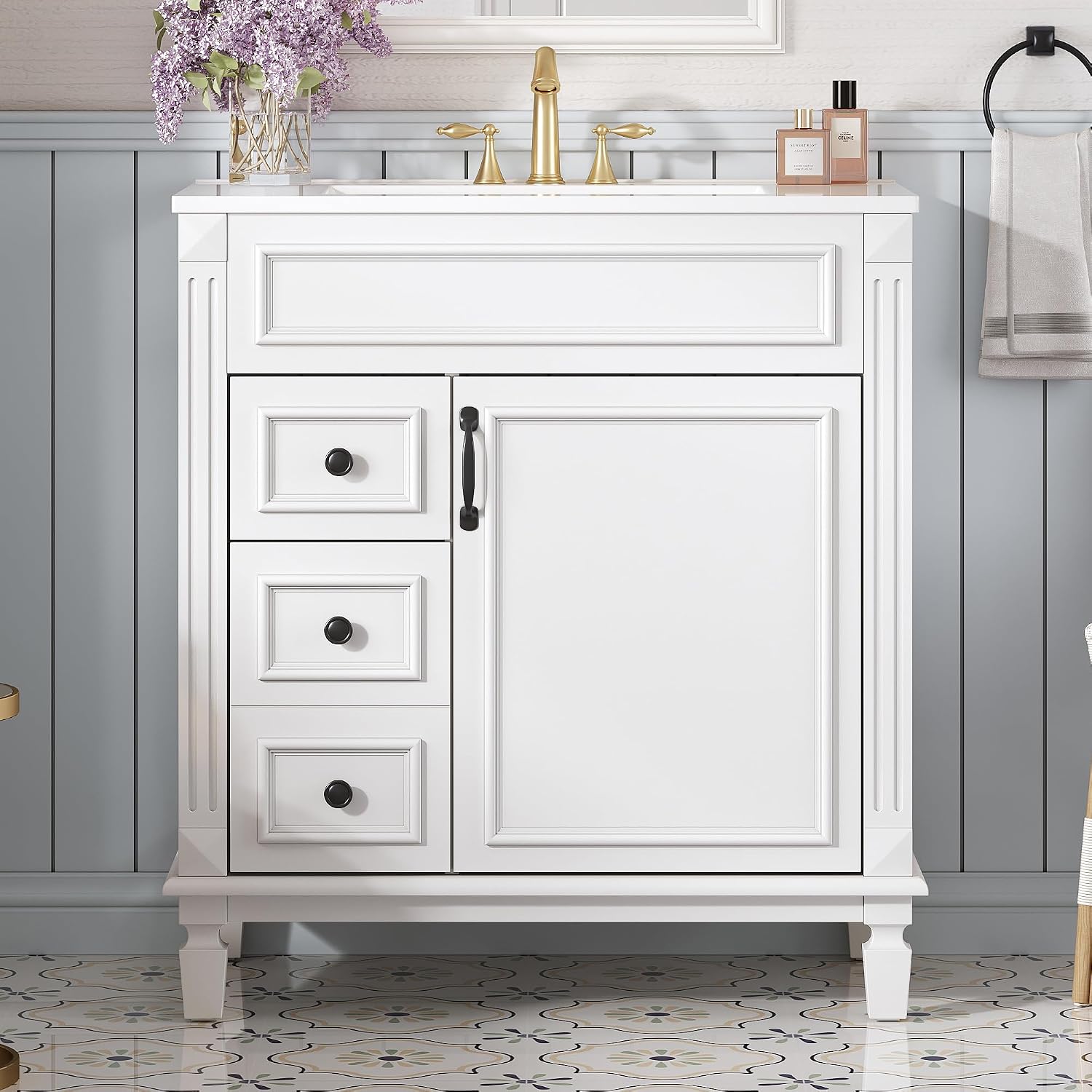 30 Inch White Bathroom Vanity with Sink & & Black Handles,Modern Bathroom Vanity with 2 Left Hand Drawers & Adjustable Shelf,Soft Closing Doors,Solid Wood Frame,French Embossed Front