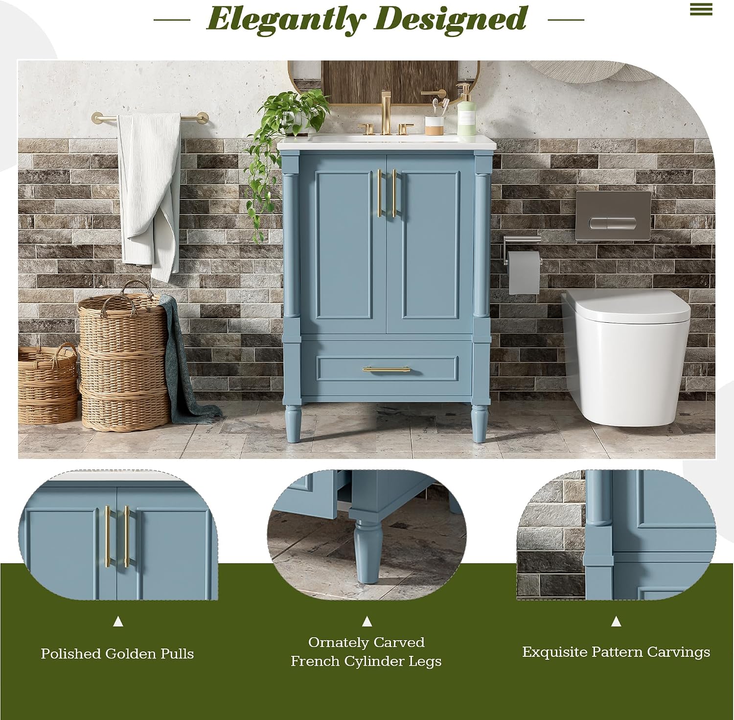 VilroCaz 24' Modern Bathroom Vanity with Ceramic Sink, Ornate Motif Design Doors & Soft-Close Hinges, Wood Bathroom Cabinet with Drawer, Ornately Carved French Cylinder Legs (Blue-4.23)