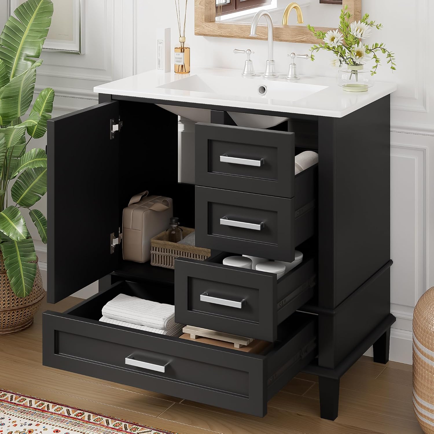 Mirightone 30' Bathroom Vanity with Sink, Bathroom Vanities 30 Inch with Top, Single Sink Bathroom Vanity with 3 Drawers and 1 Soft Closing Door, 30 Restroom Vanity with Cuntertop Sink (Black)