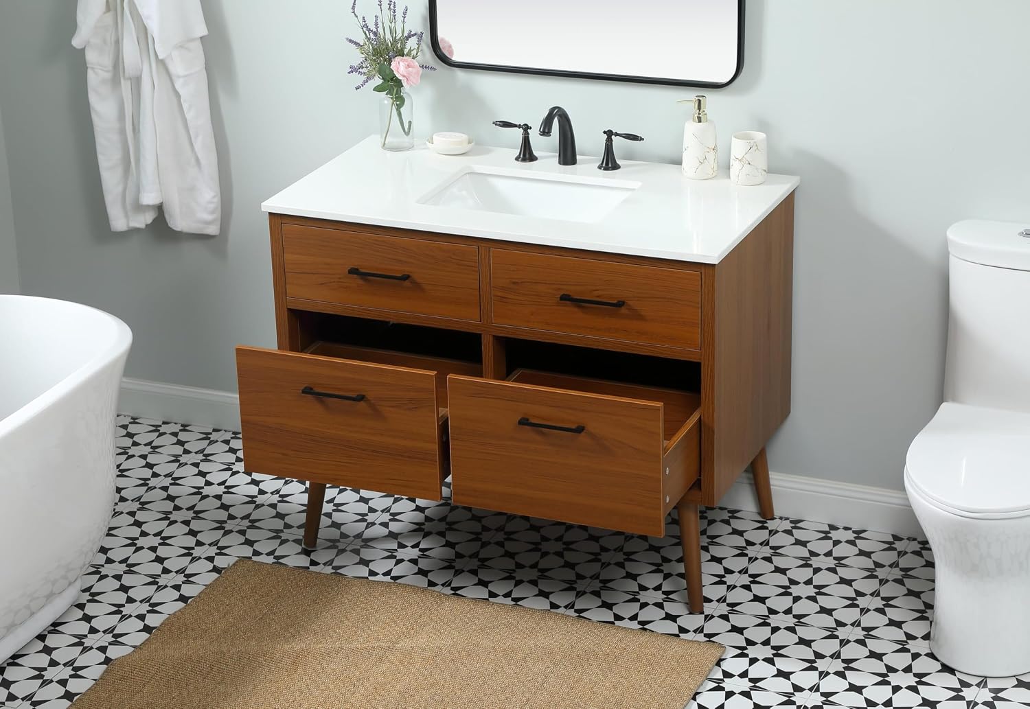 42' Pre-Assembled Bathroom Vanity with Sink, Engineered Wood, Ivory White Engineered Marble Countertop Attached, Single Rectangle Porcelain Sink, 2 Soft-Close Drawers, Teak
