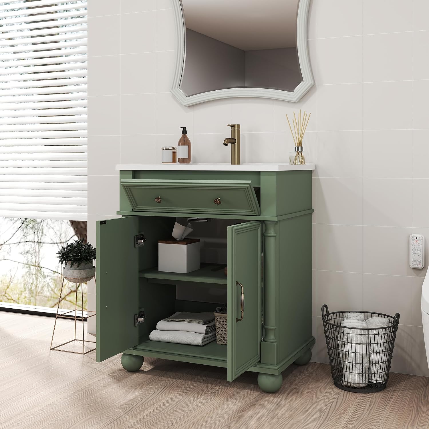 28' Vintage Bathroom Vanity with Ceramic Sink Mid-Century Bathroom Vanity with Tilt-out Drawer & Storage Cabinet with Adjustable Shelf Retro Sink Vanity with Roman Column Base & Metal Handle,Green