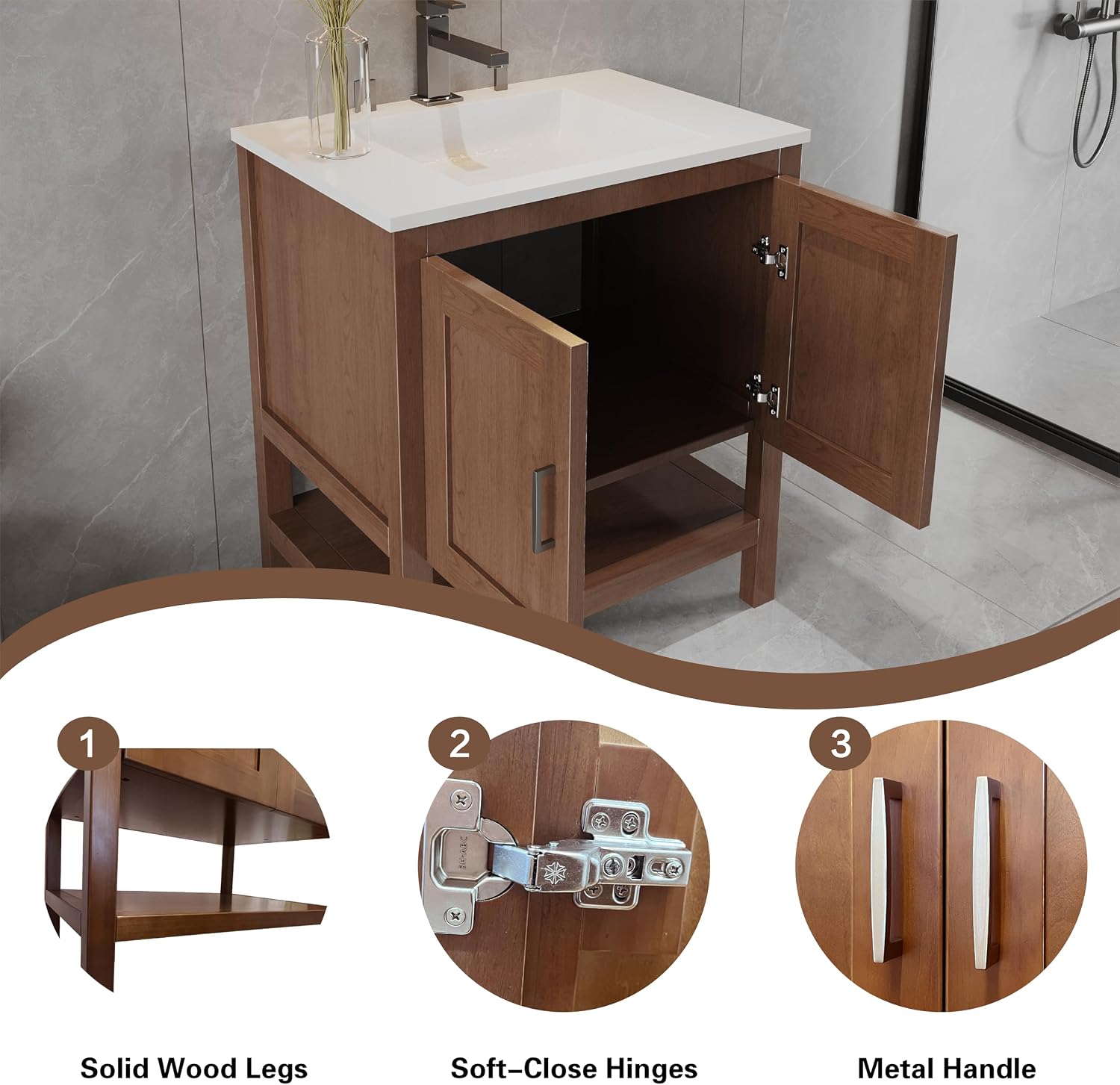30' Bathroom Vanity Base – Freestanding Solid Wood Cabinet with Open Shelf, Soft-Close Doors, Natural Wood Finish, Sink Base Cabinet Only (No Top)