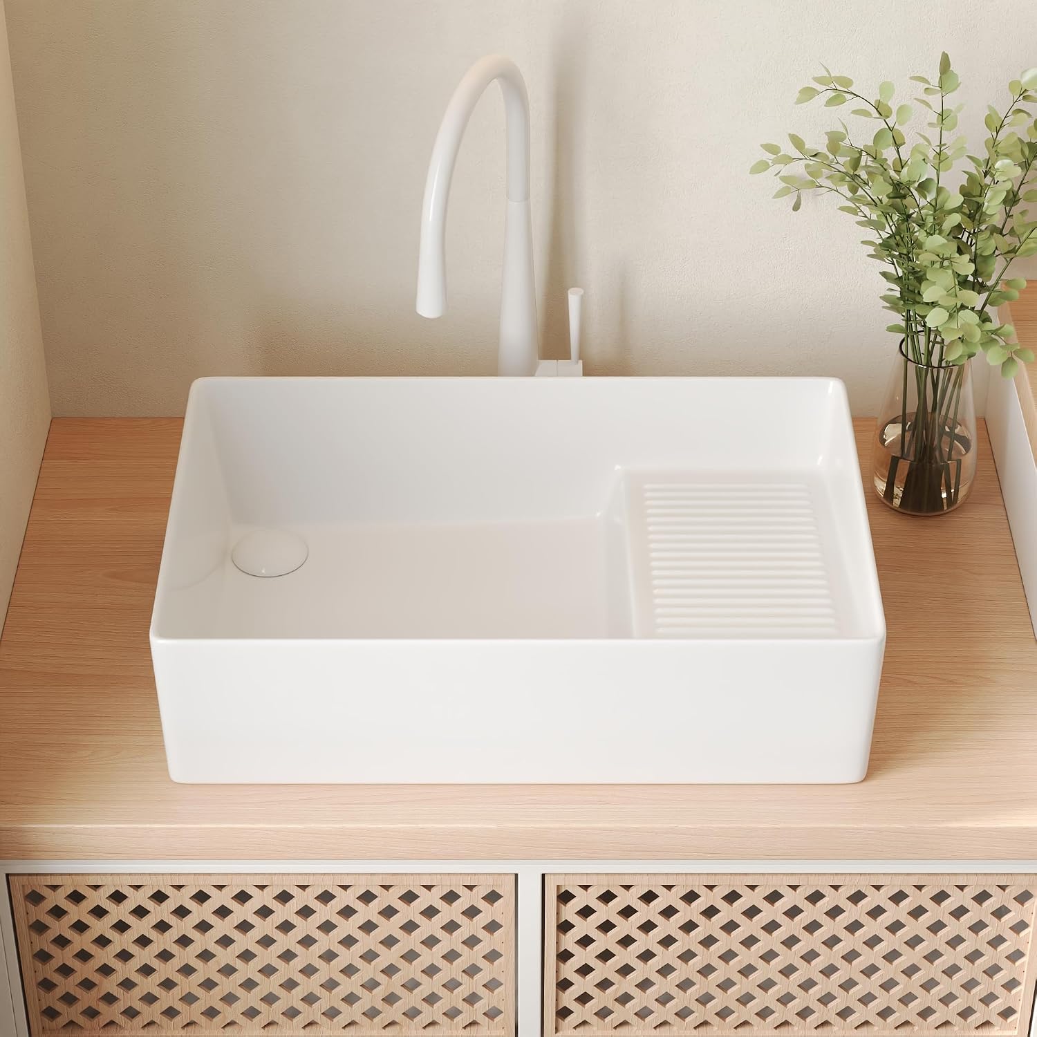 DeerValley 24x15 Inch Utility Vessel Sink, White Ceramic Rectangular Basin with Built-In Washboard and Side Drain, Laundry or Bathroom Sink, DV-1V0321